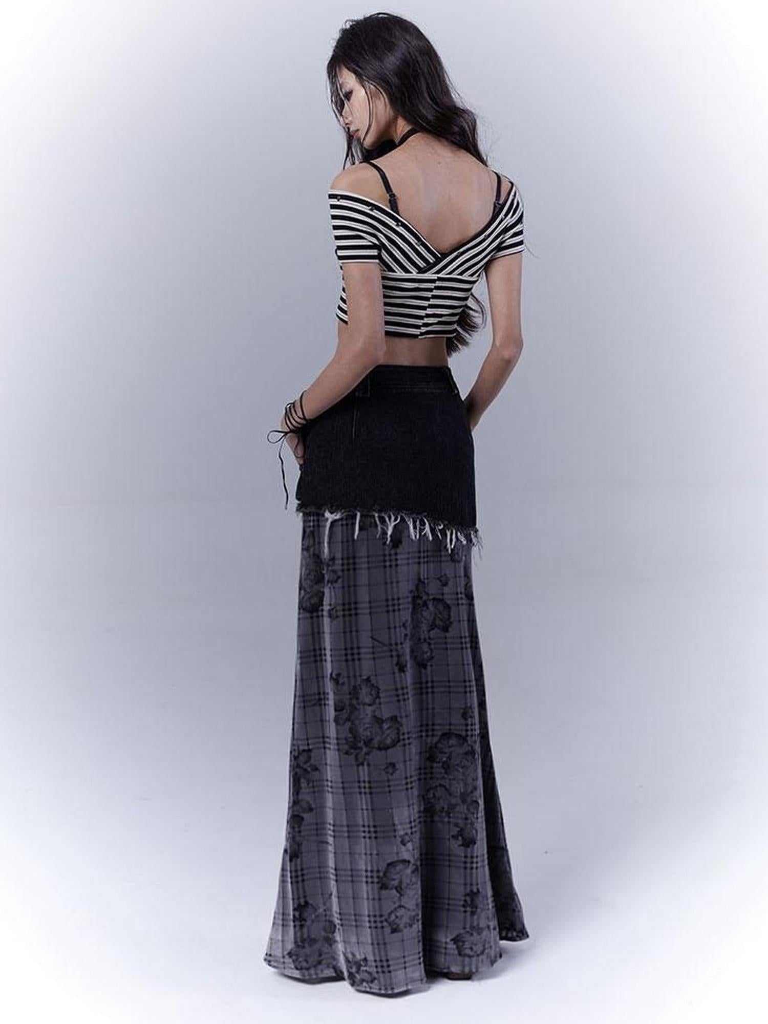 WSW WUSHENWU Low Saturation Denim Patchwork Rose Plaid Skirt