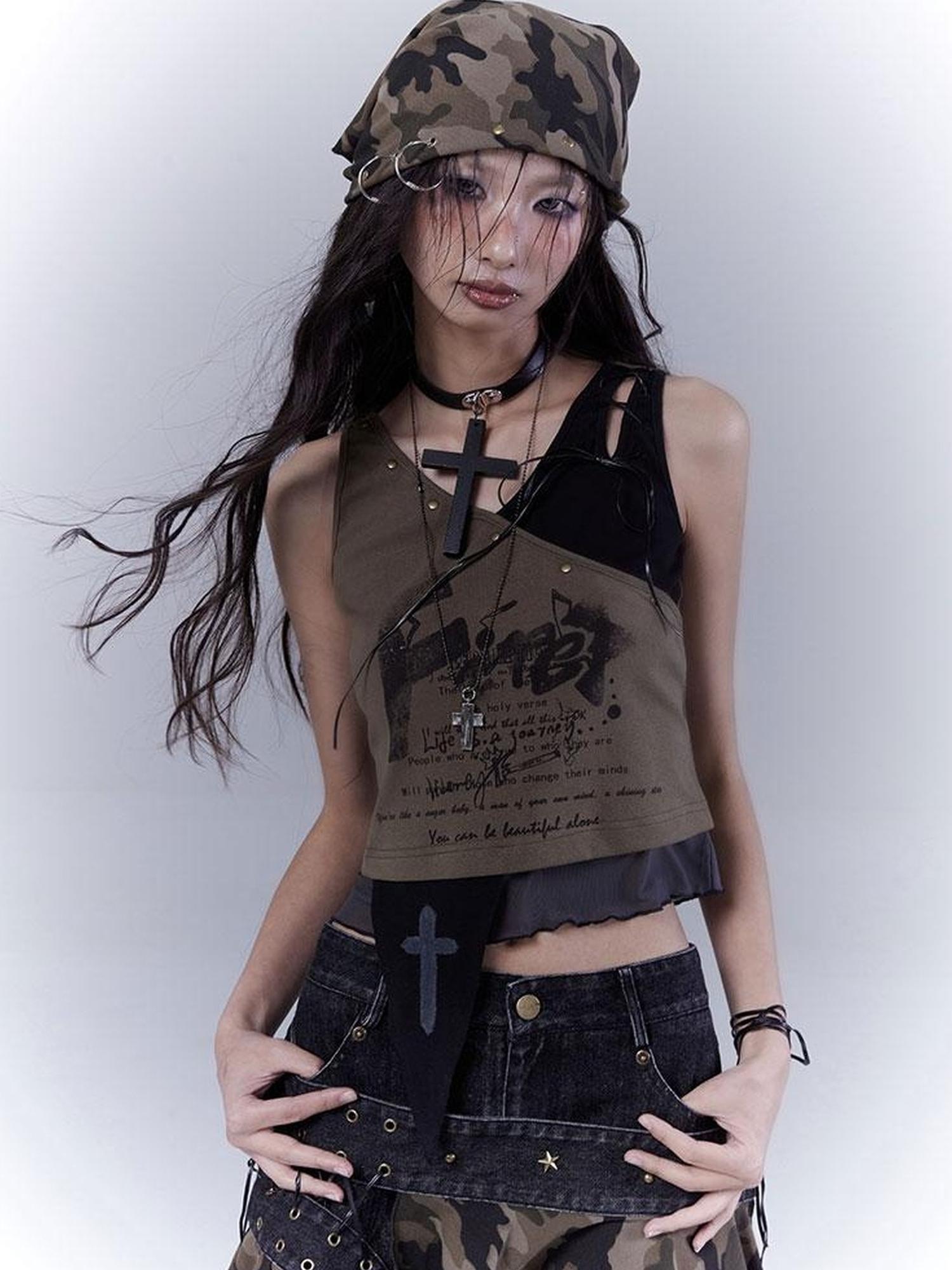 WSW WUSHENWU Low Saturation Patchwork Punk Sexy Cutout Vest