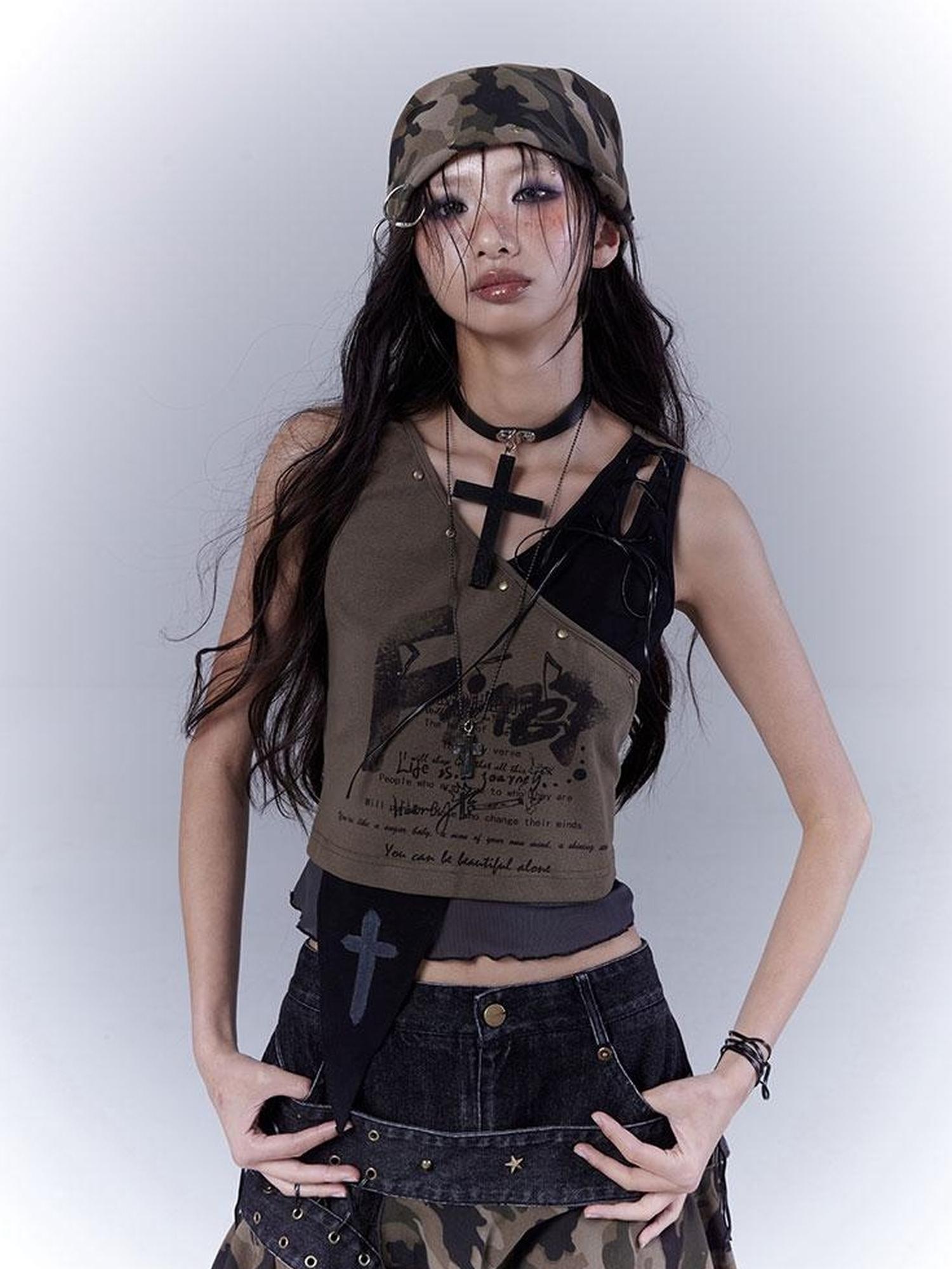 WSW WUSHENWU Low Saturation Patchwork Punk Sexy Cutout Vest