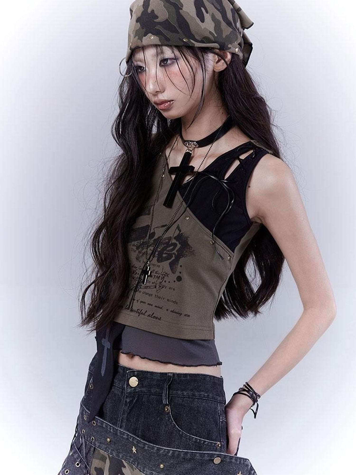 WSW WUSHENWU Low Saturation Patchwork Punk Sexy Cutout Vest