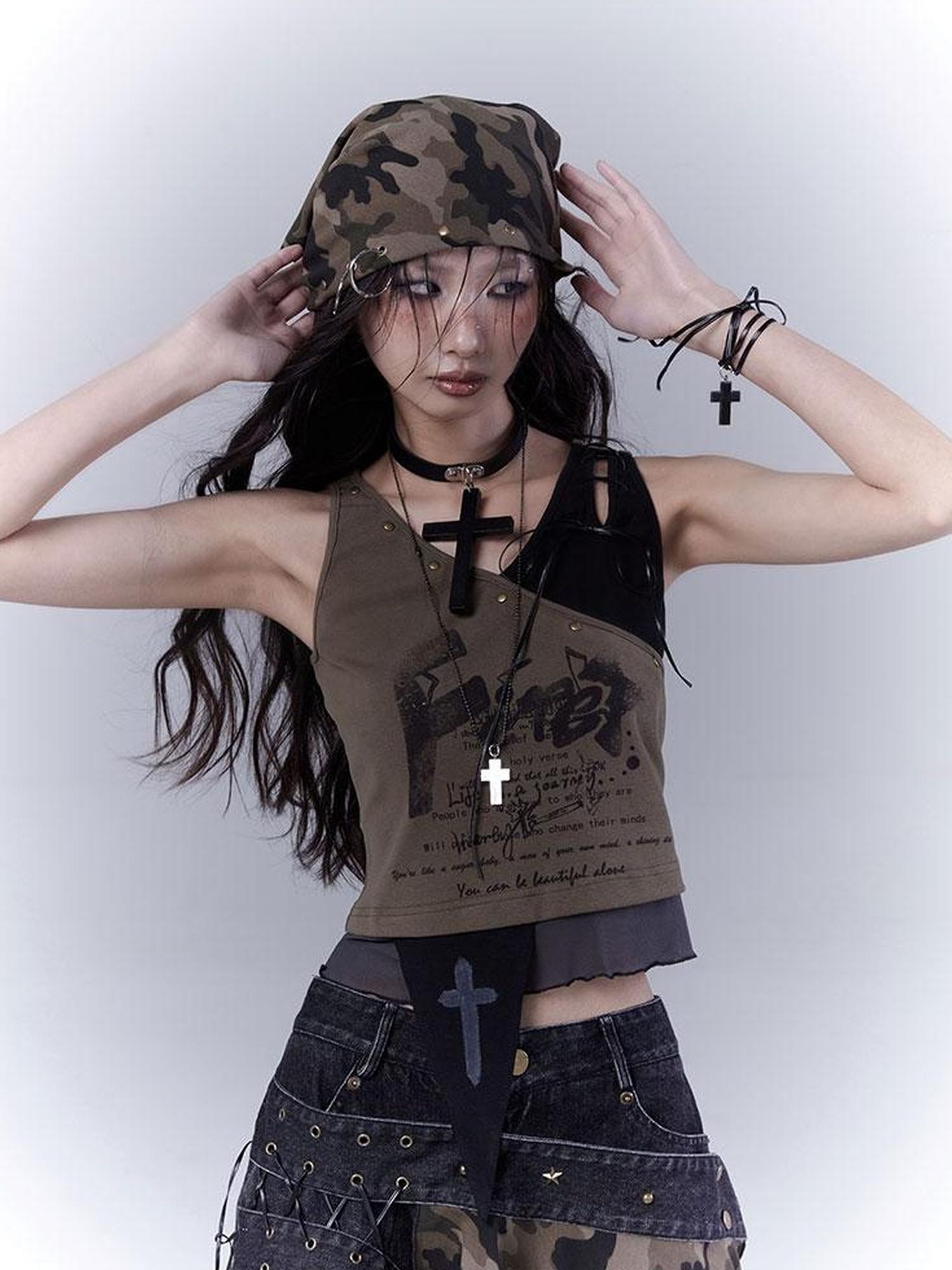 WSW WUSHENWU Low Saturation Patchwork Punk Sexy Cutout Vest
