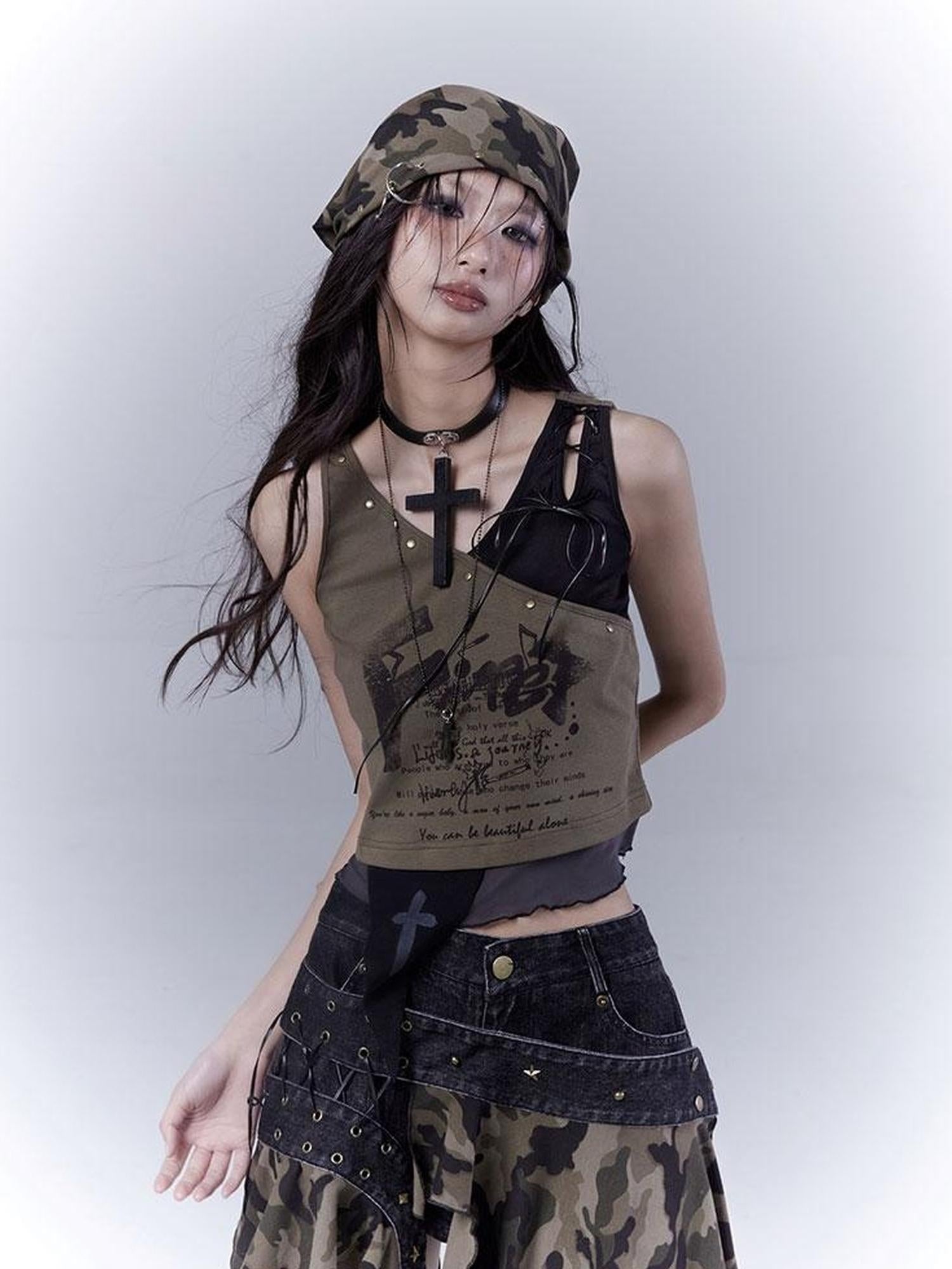 WSW WUSHENWU Low Saturation Patchwork Punk Sexy Cutout Vest