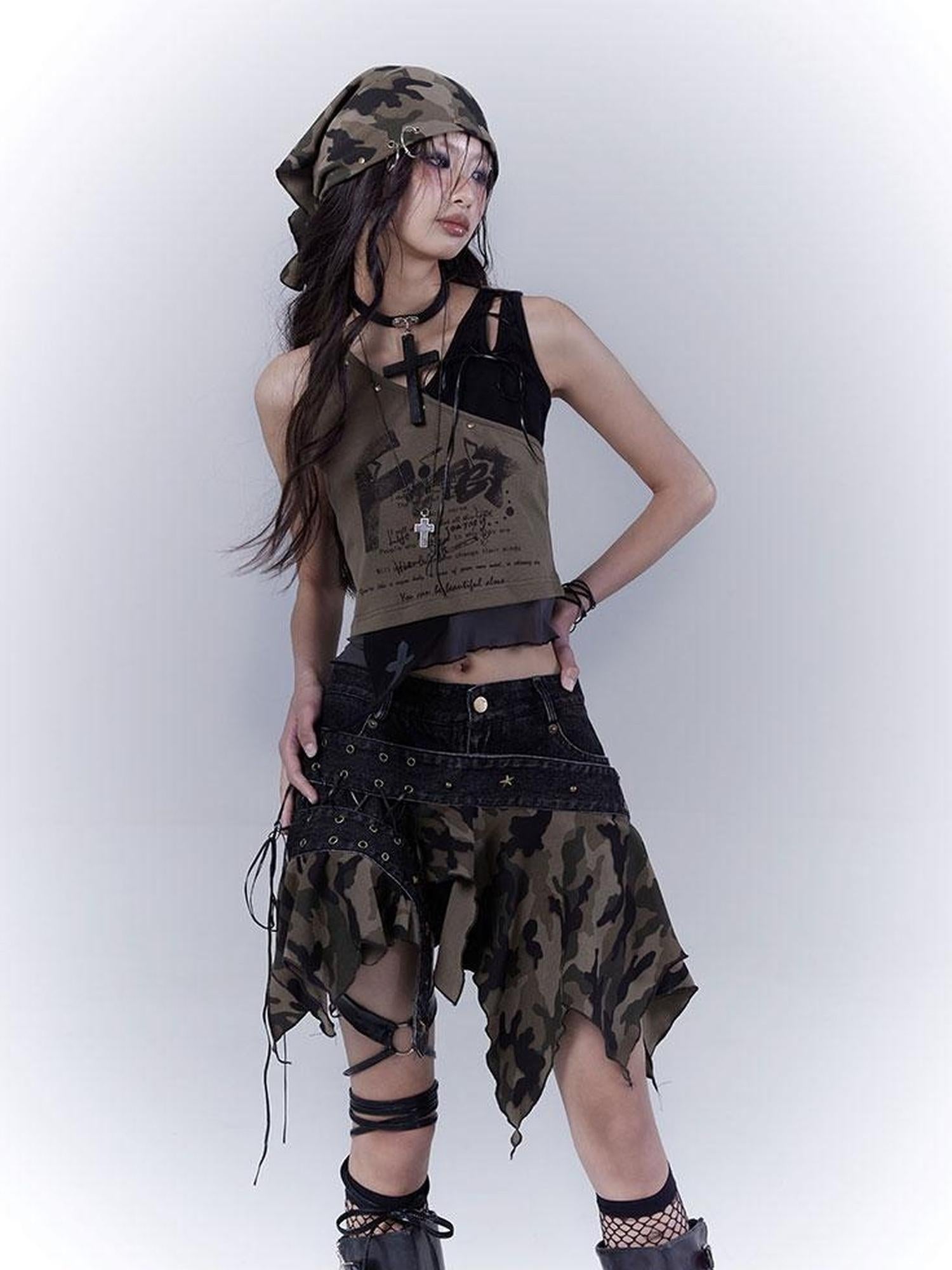WSW WUSHENWU Low Saturation Patchwork Punk Sexy Cutout Vest