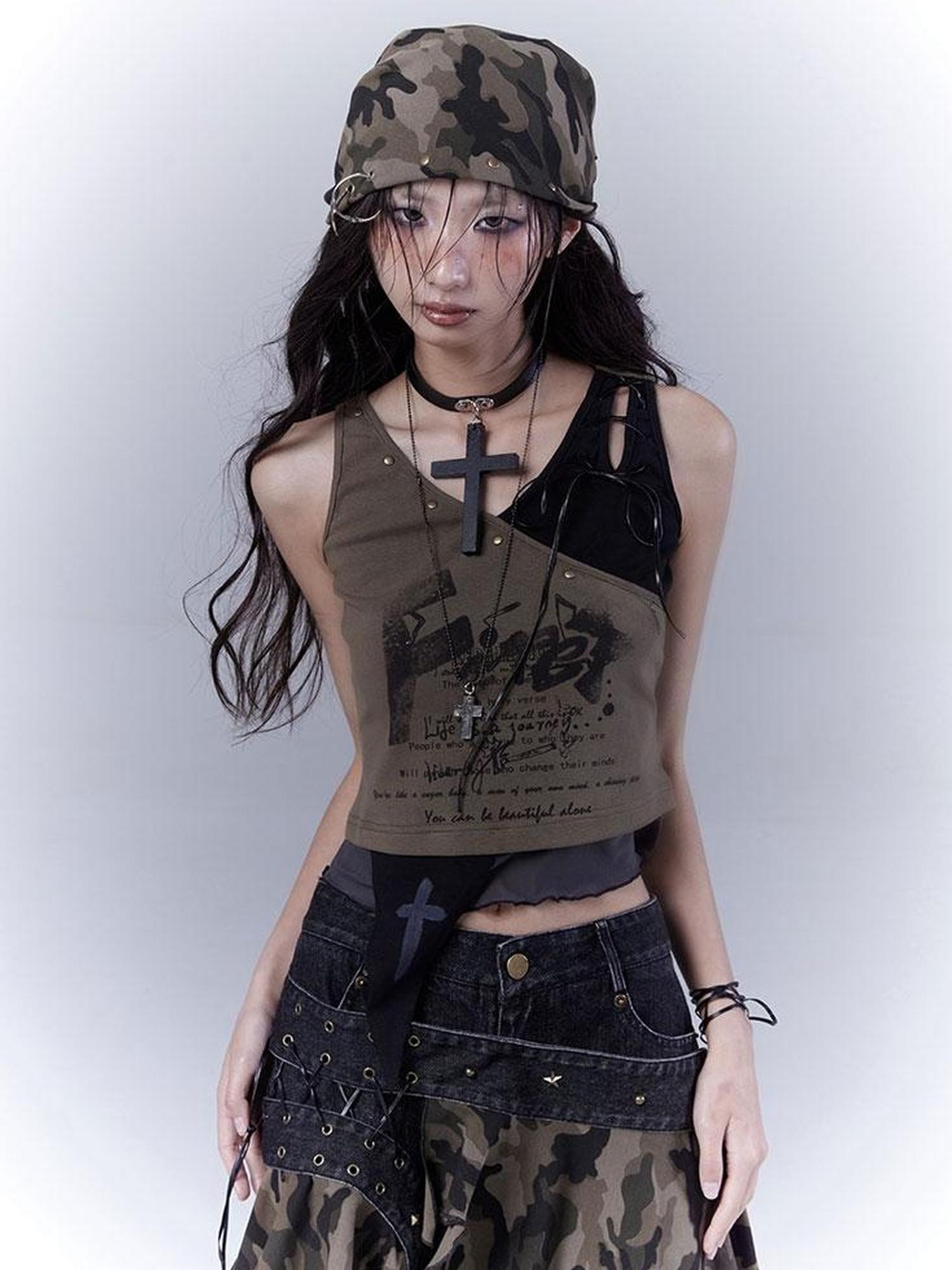 WSW WUSHENWU Low Saturation Patchwork Punk Sexy Cutout Vest