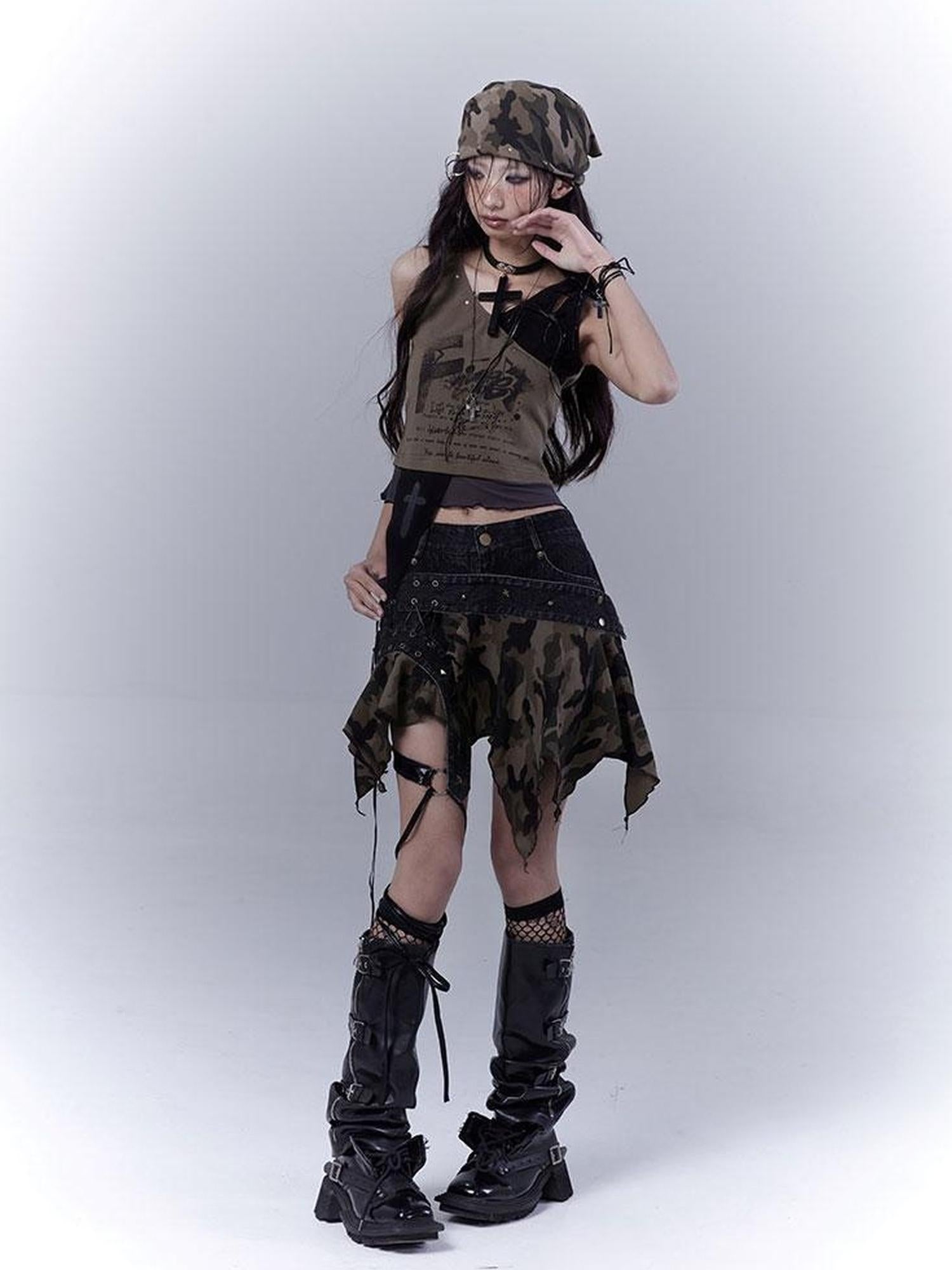WSW WUSHENWU Low Saturation Patchwork Punk Sexy Cutout Vest