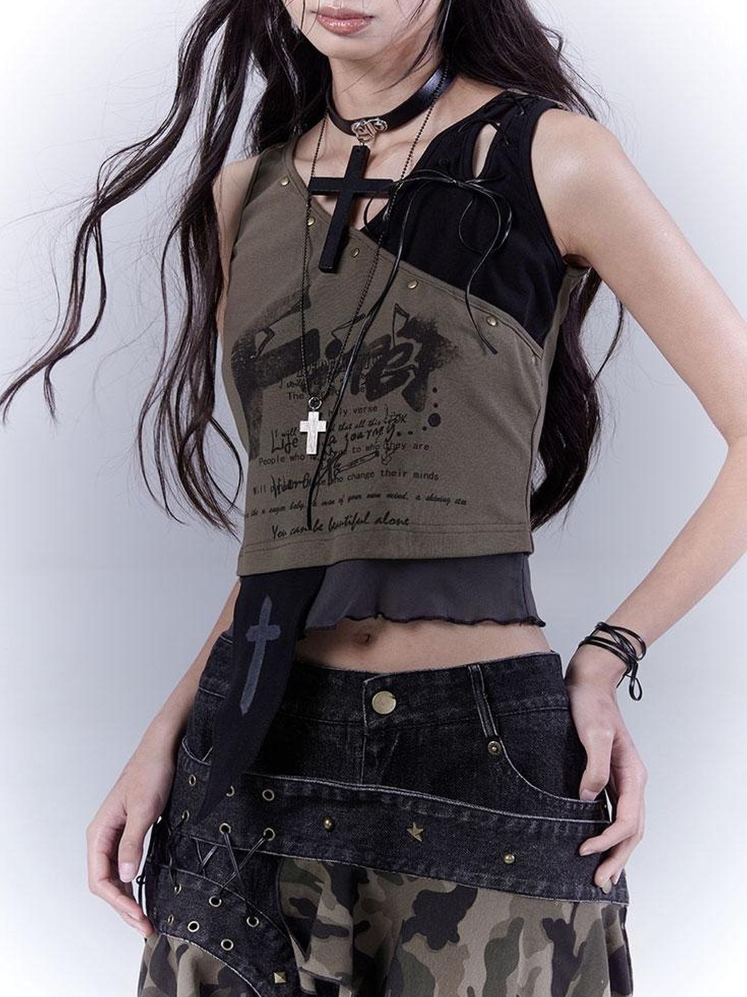 WSW WUSHENWU Low Saturation Patchwork Punk Sexy Cutout Vest