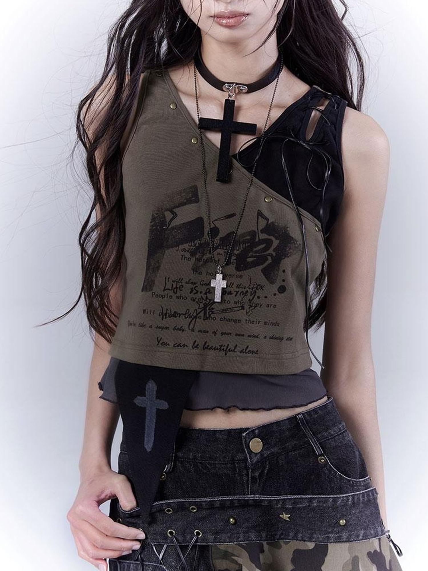 WSW WUSHENWU Low Saturation Patchwork Punk Sexy Cutout Vest