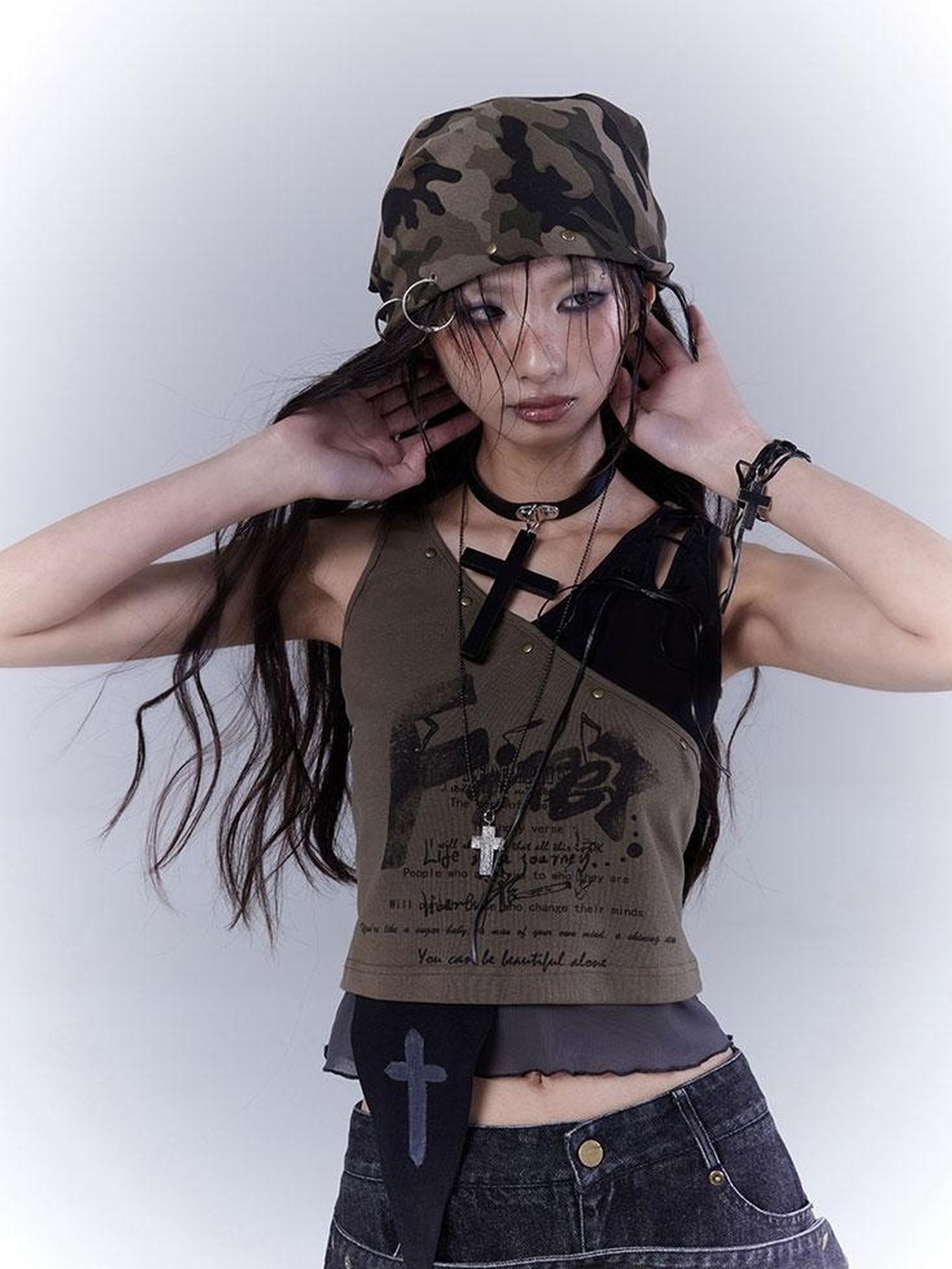 WSW WUSHENWU Low Saturation Patchwork Punk Sexy Cutout Vest