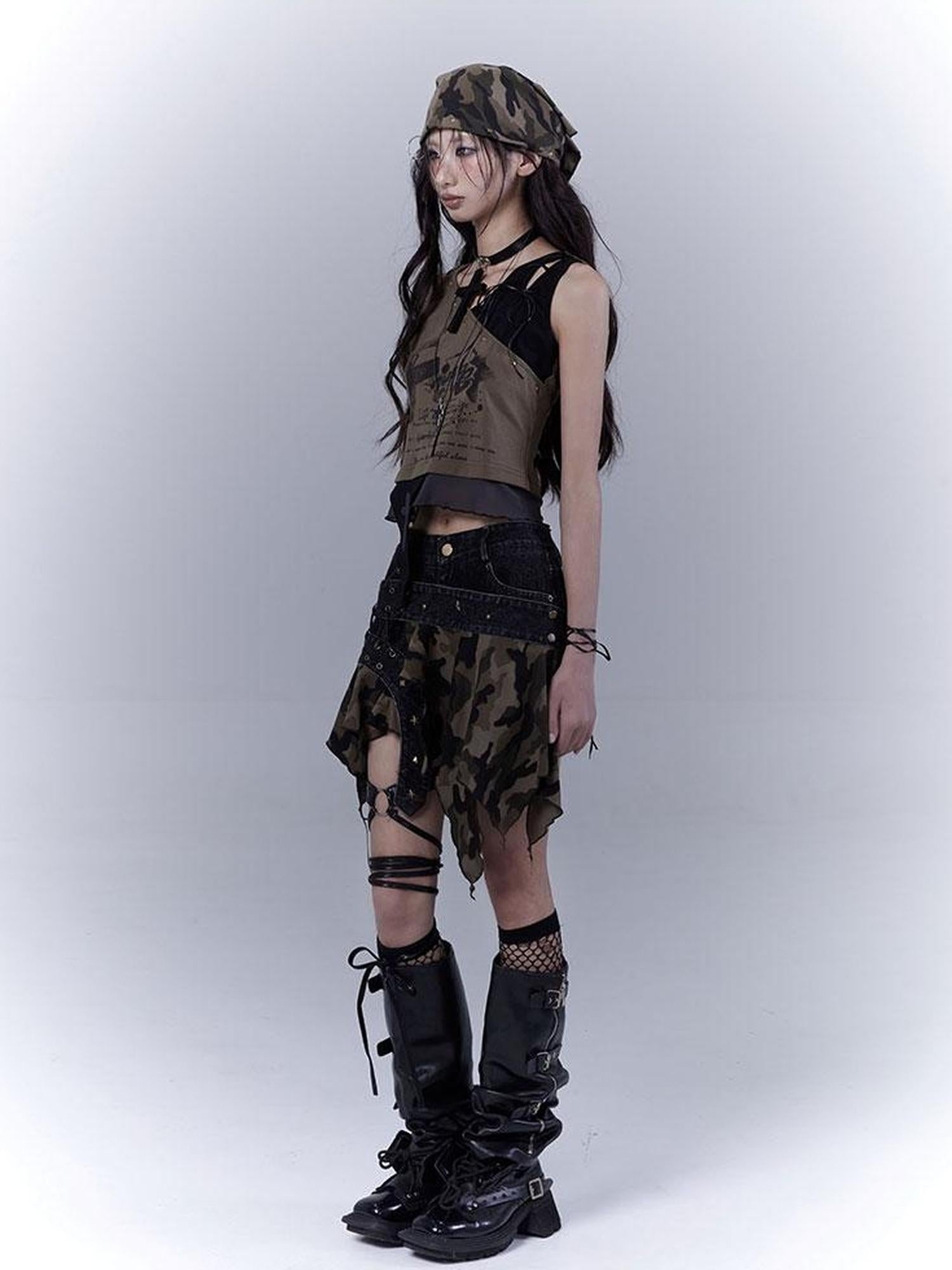 WSW WUSHENWU Low Saturation Patchwork Punk Sexy Cutout Vest