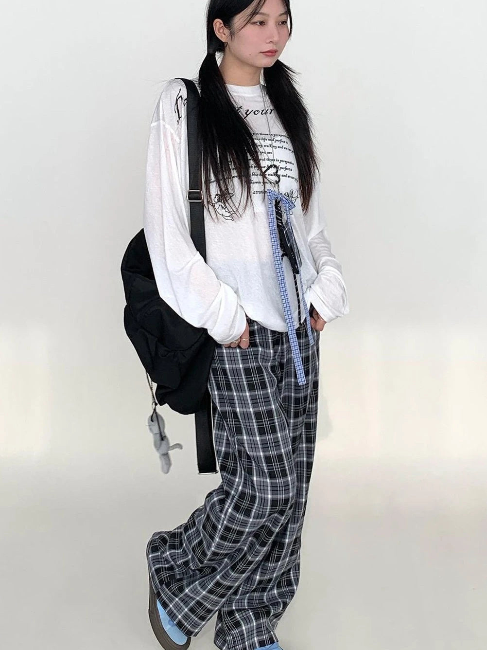 Low Waist Wide Leg Checkered Pants Classic Casual Trousers