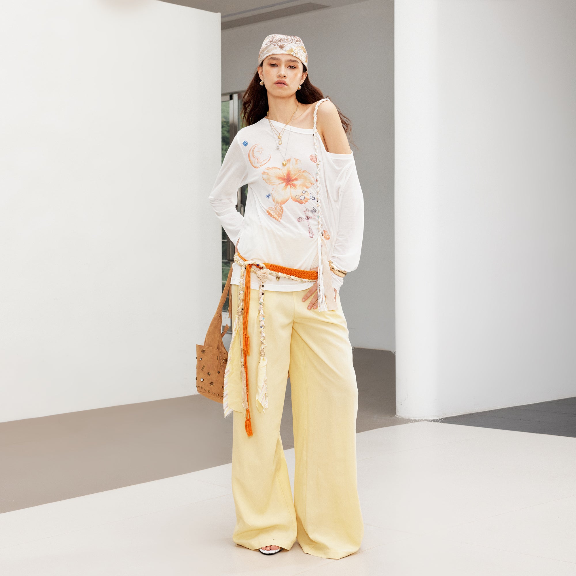 2th Desire Relaxed Linen Pants With Vintage Lace Trim Waistband