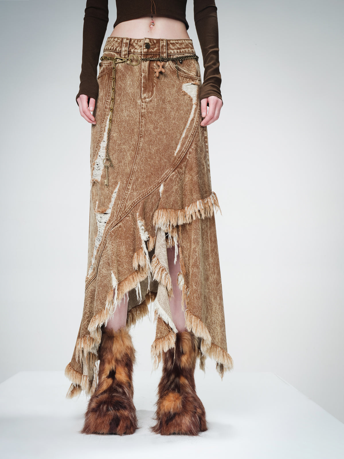 UpdateNN NORTH NODE Distressed Raw Hem Denim Skirt With Asymmetrical Flounce