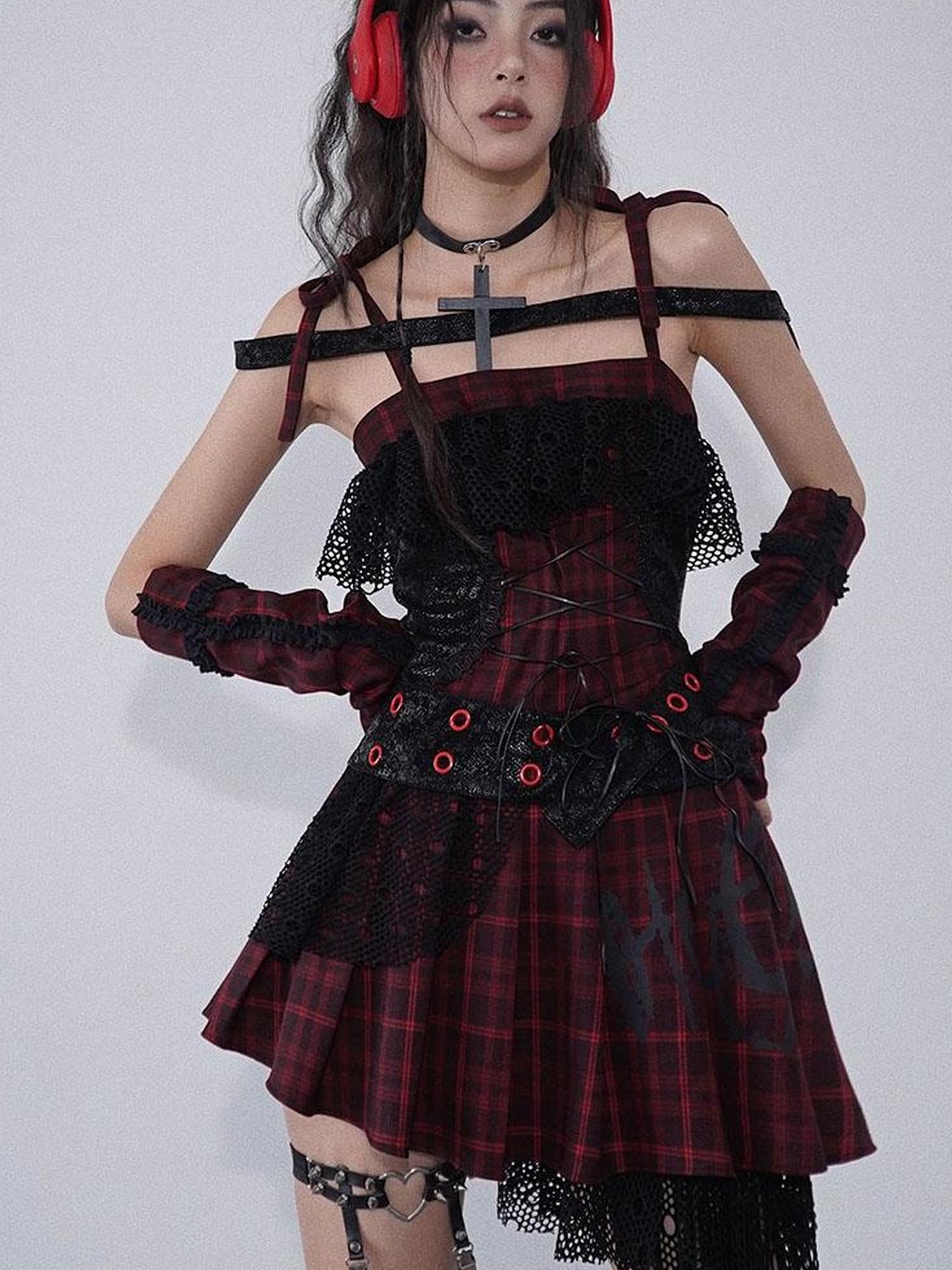 WSW WUSHENWU Magic Rhythm Rock Tartan Strap Dress