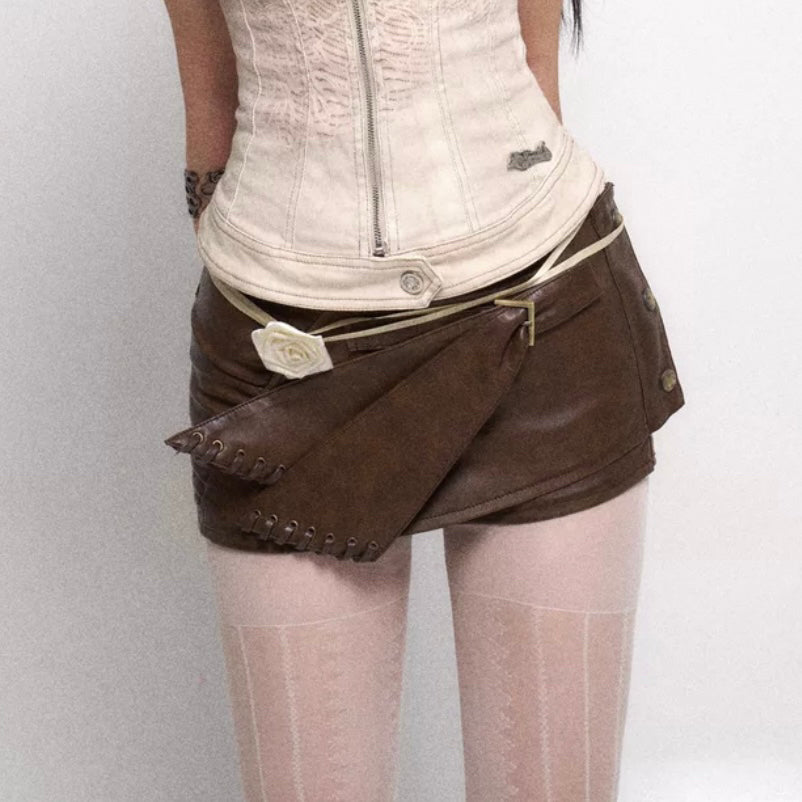 Flowers birds Market Two Tone Vintage Distressed Leather Shorts
