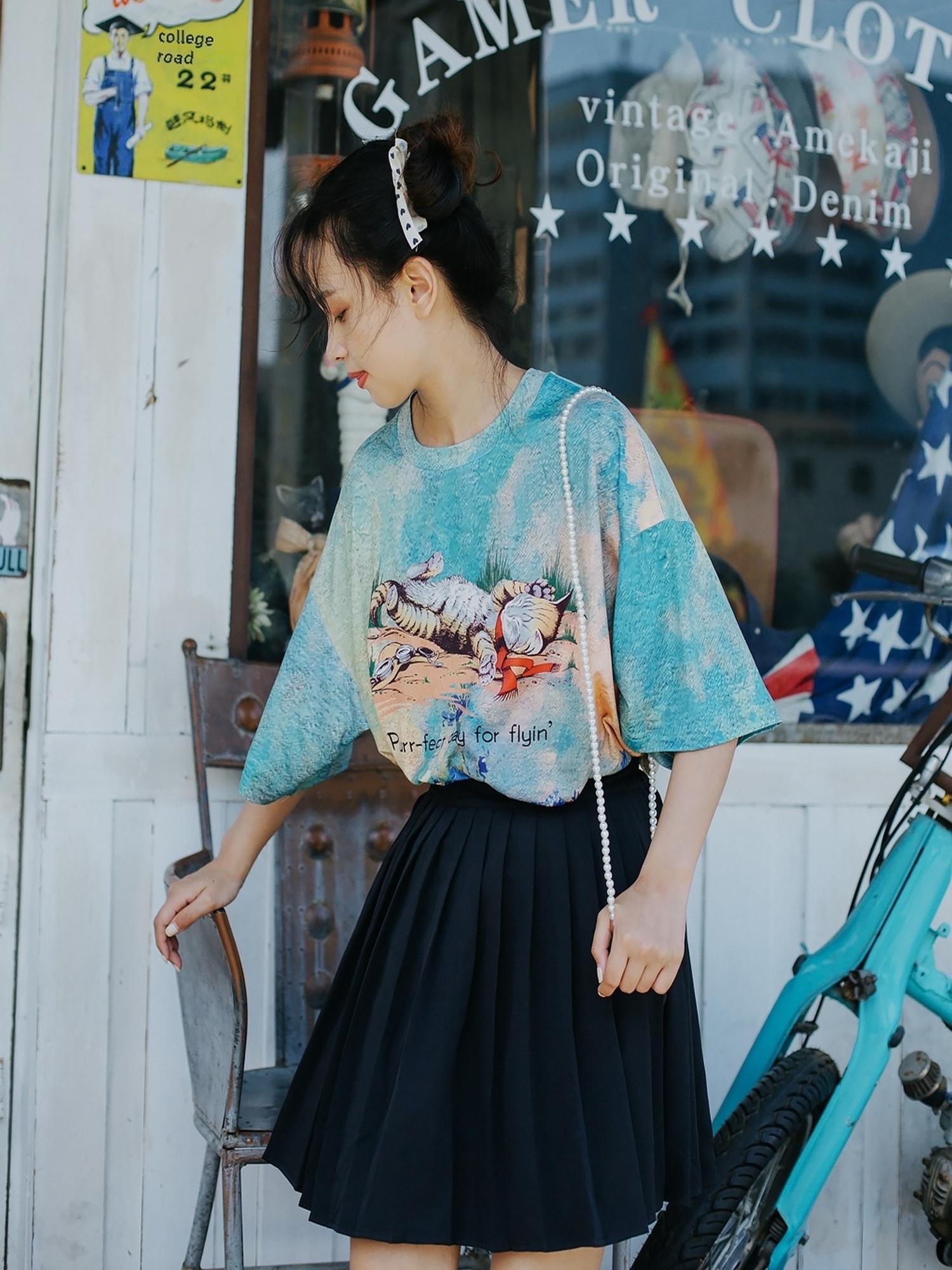Sweet Mi Meow Retro Vintage Print Summer Tee Free Size