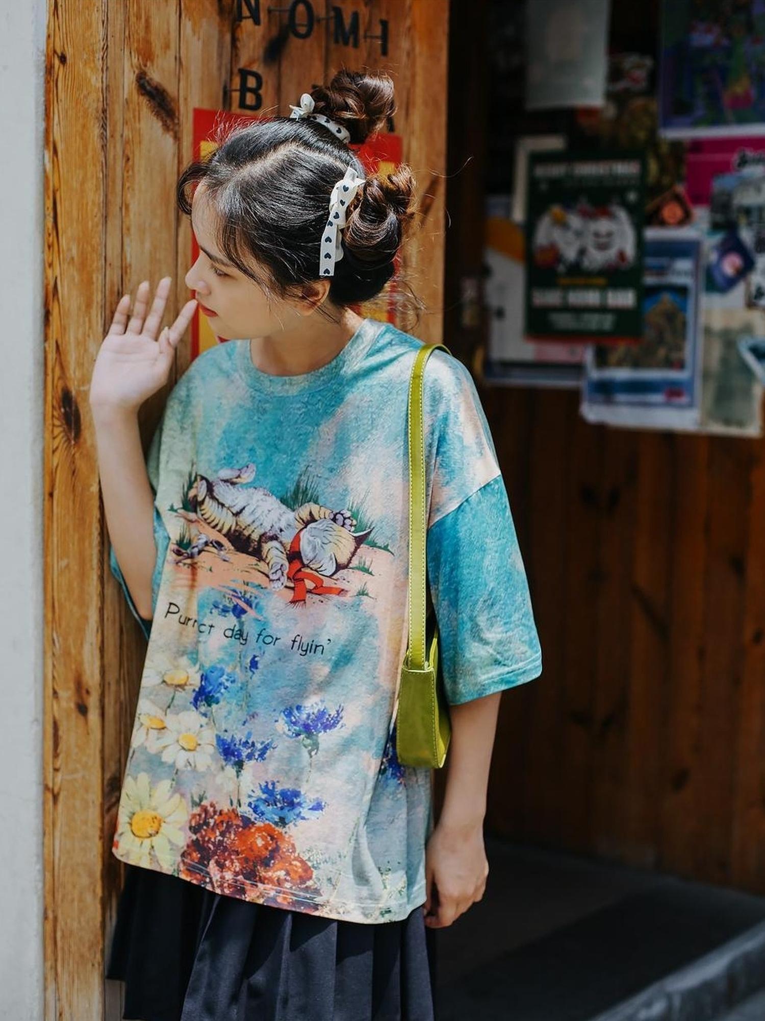 Sweet Mi Meow Retro Vintage Print Summer Tee Free Size