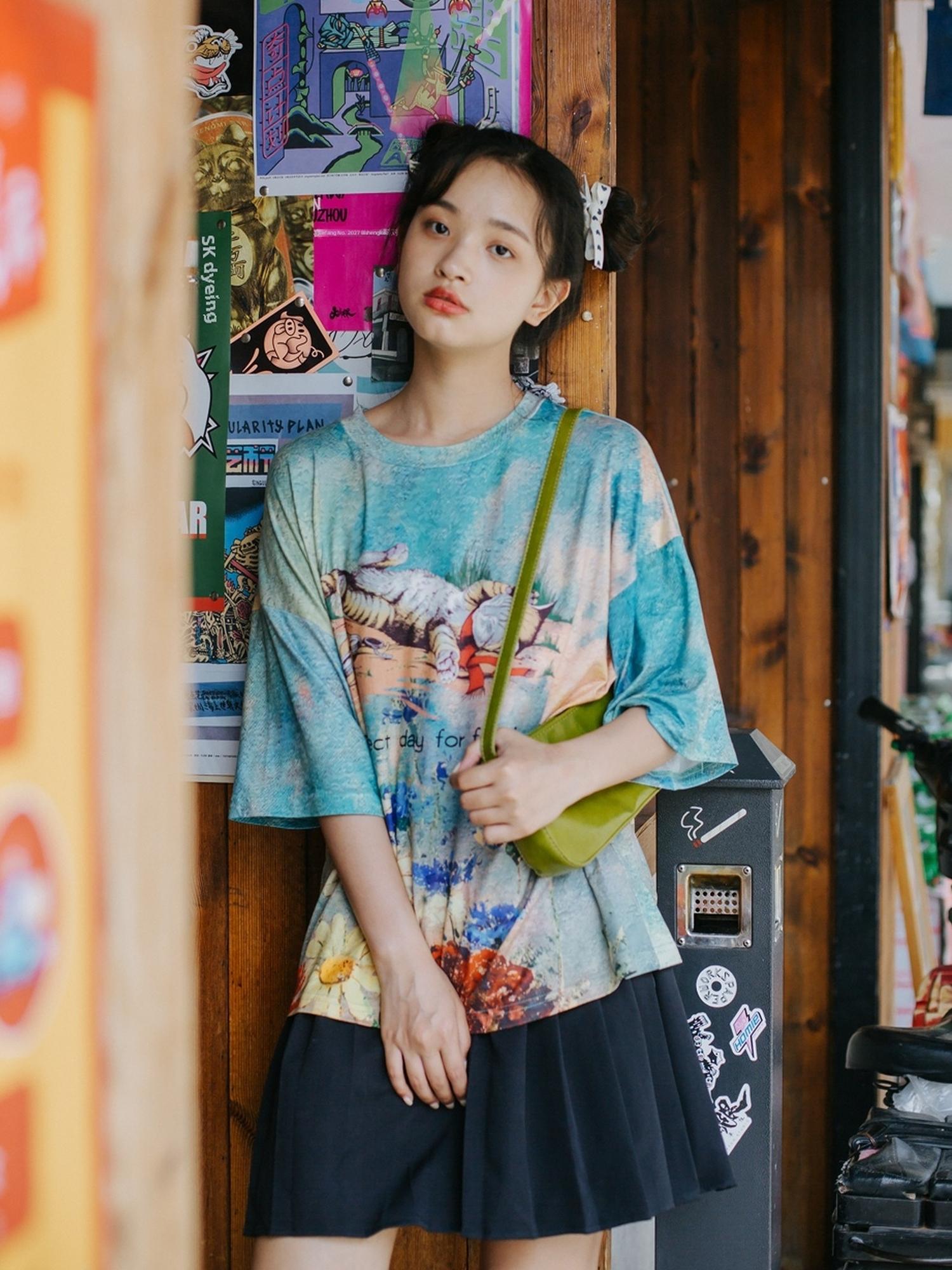 Sweet Mi Meow Retro Vintage Print Summer Tee Free Size