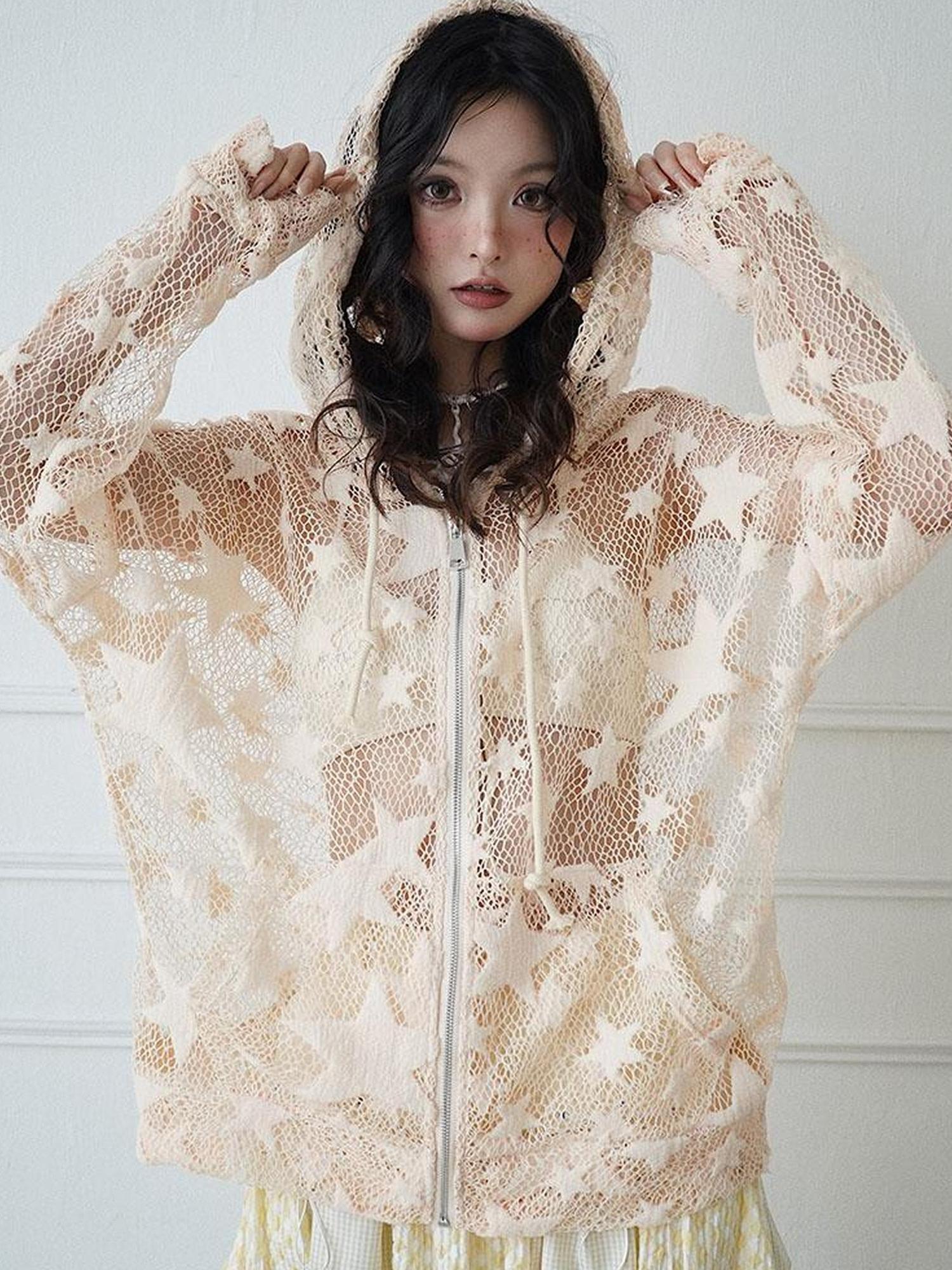 WSW WUSHENWU Mesh Hooded Sporty Open Front Jacket With Multi Functional Cut