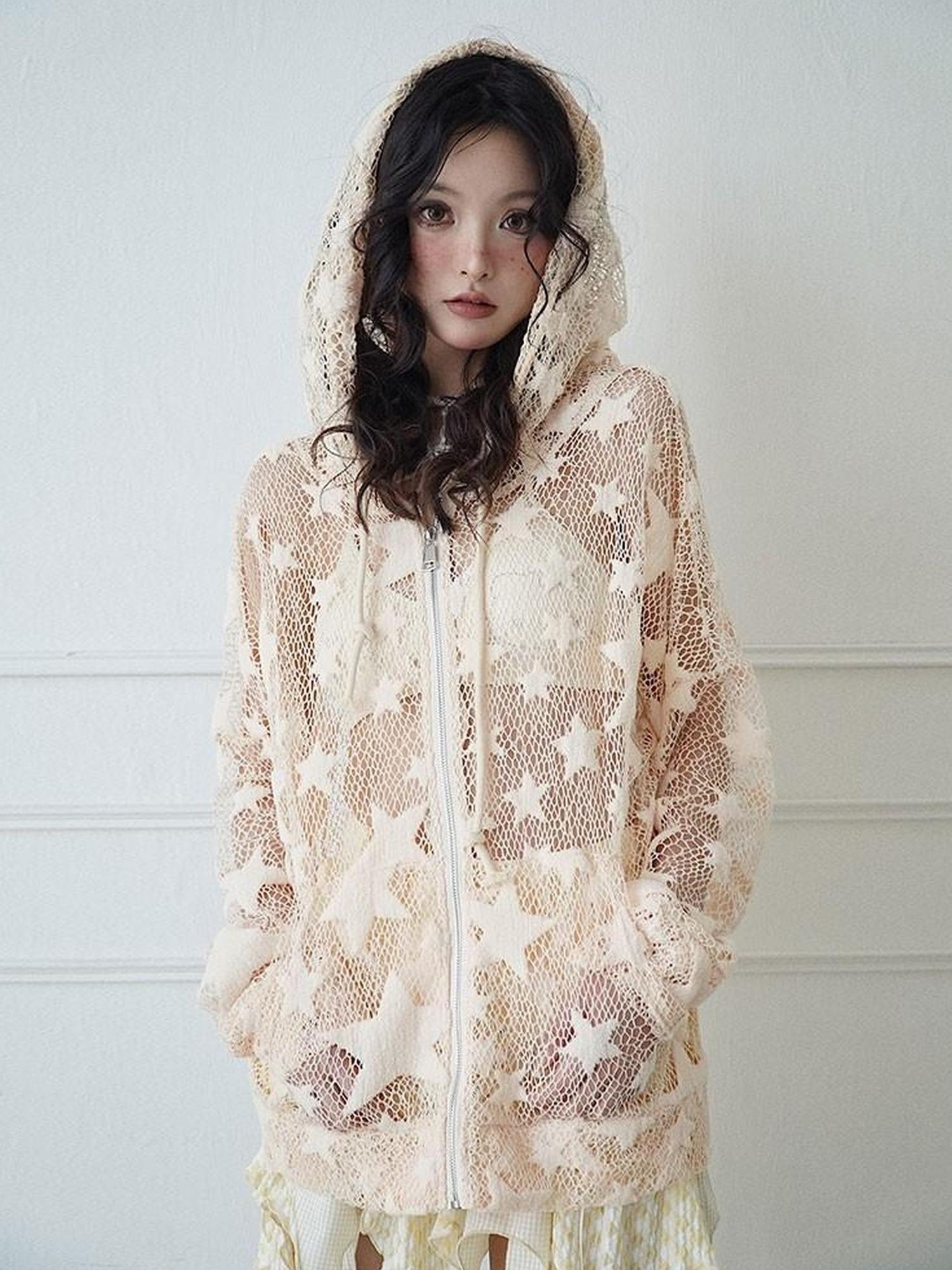 WSW WUSHENWU Mesh Hooded Sporty Open Front Jacket With Multi Functional Cut