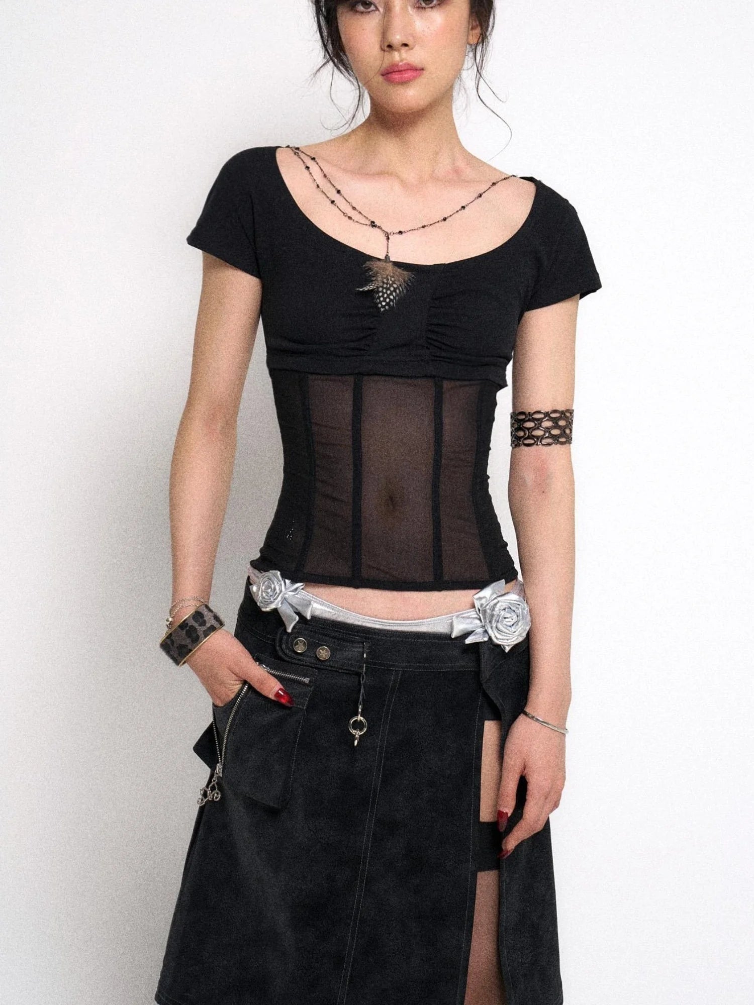 Mesh Stitching Knitted Waist Slim Fit T-Shirt