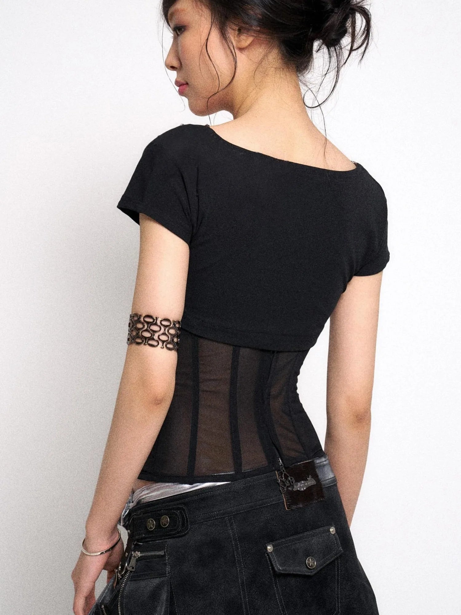 Mesh Stitching Knitted Waist Slim Fit T-Shirt
