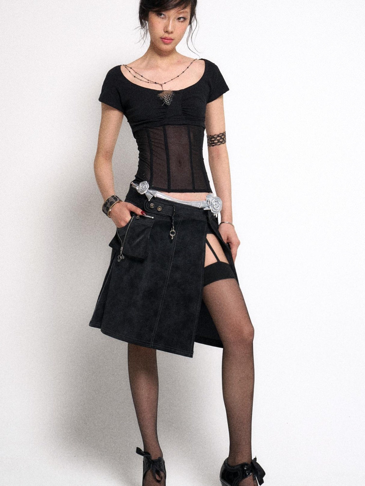Flowers birds Market Mesh Stitching Knitted Waist Slim Fit T-Shirt