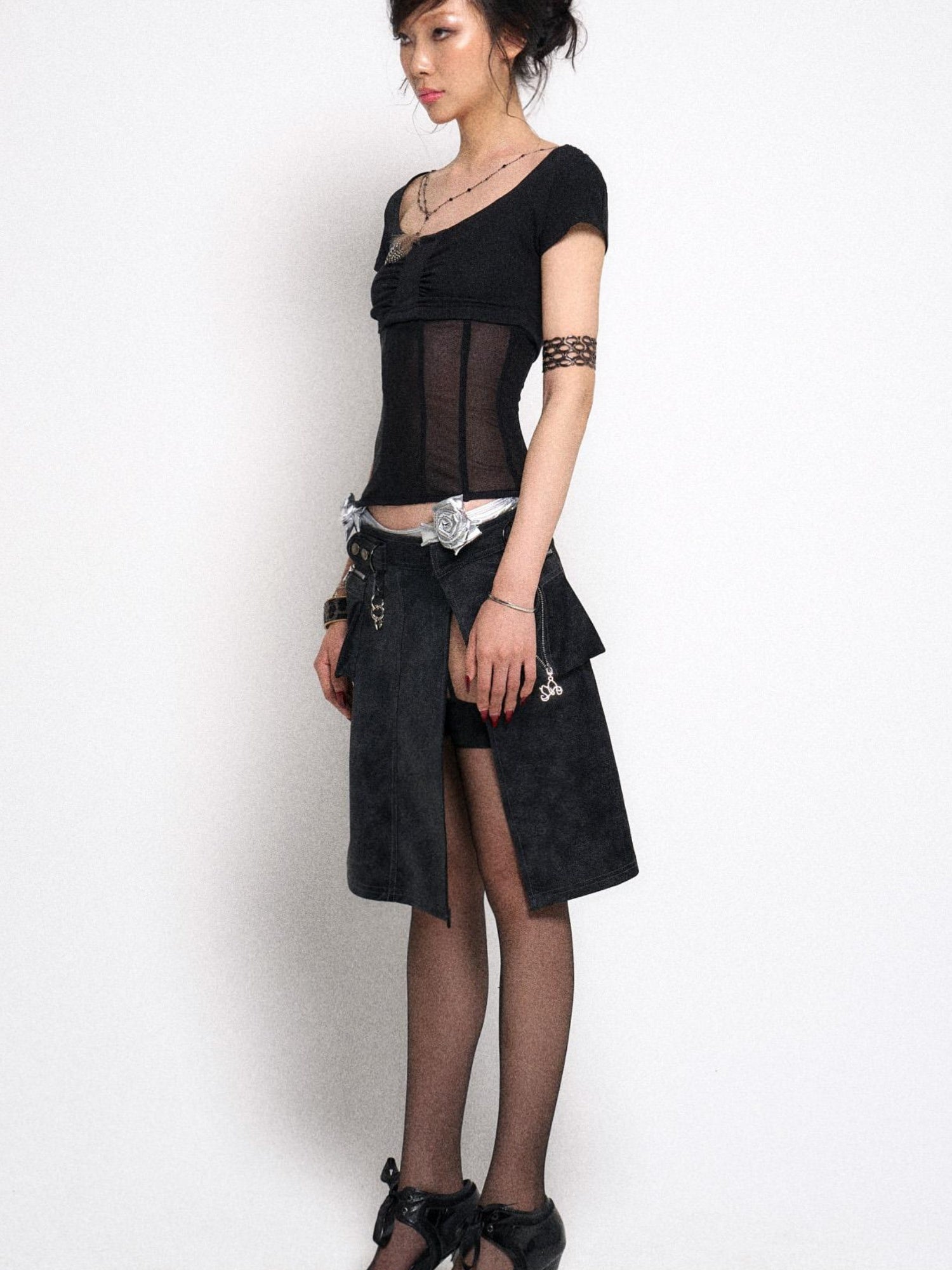 Flowers birds Market Mesh Stitching Knitted Waist Slim Fit T-Shirt