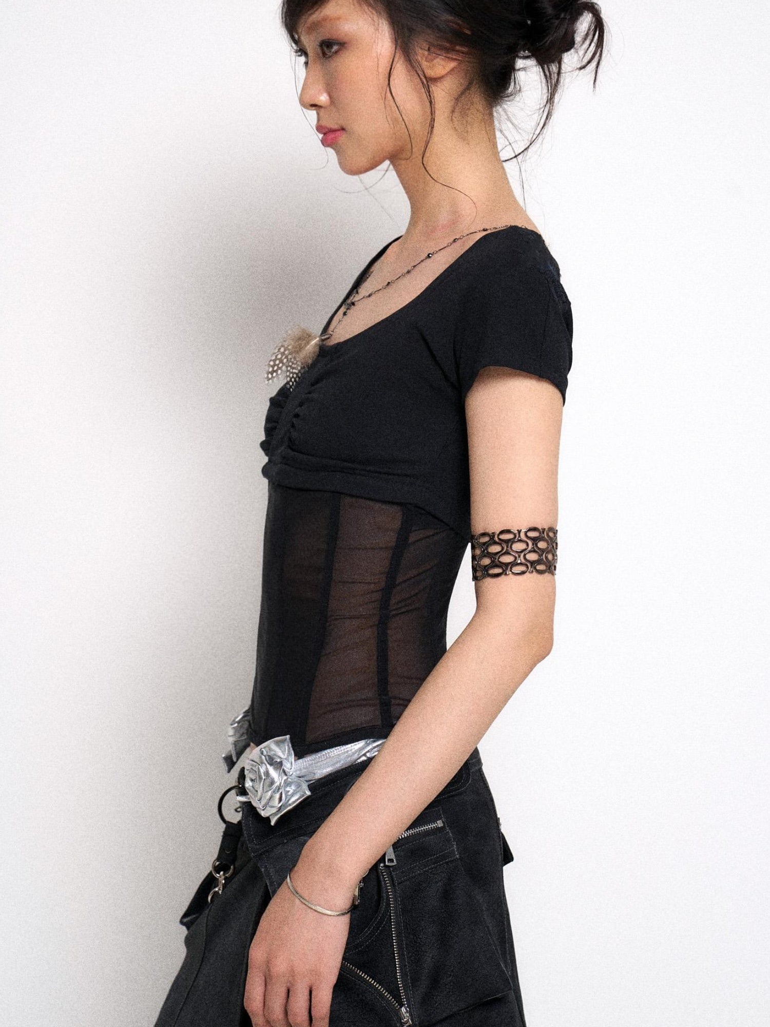 Flowers birds Market Mesh Stitching Knitted Waist Slim Fit T-Shirt