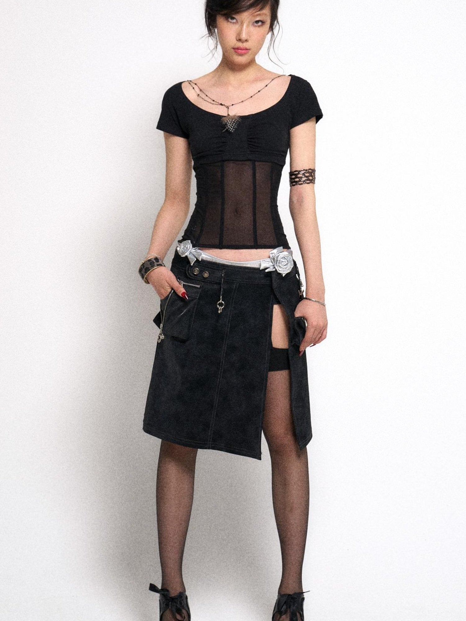 Flowers birds Market Mesh Stitching Knitted Waist Slim Fit T-Shirt