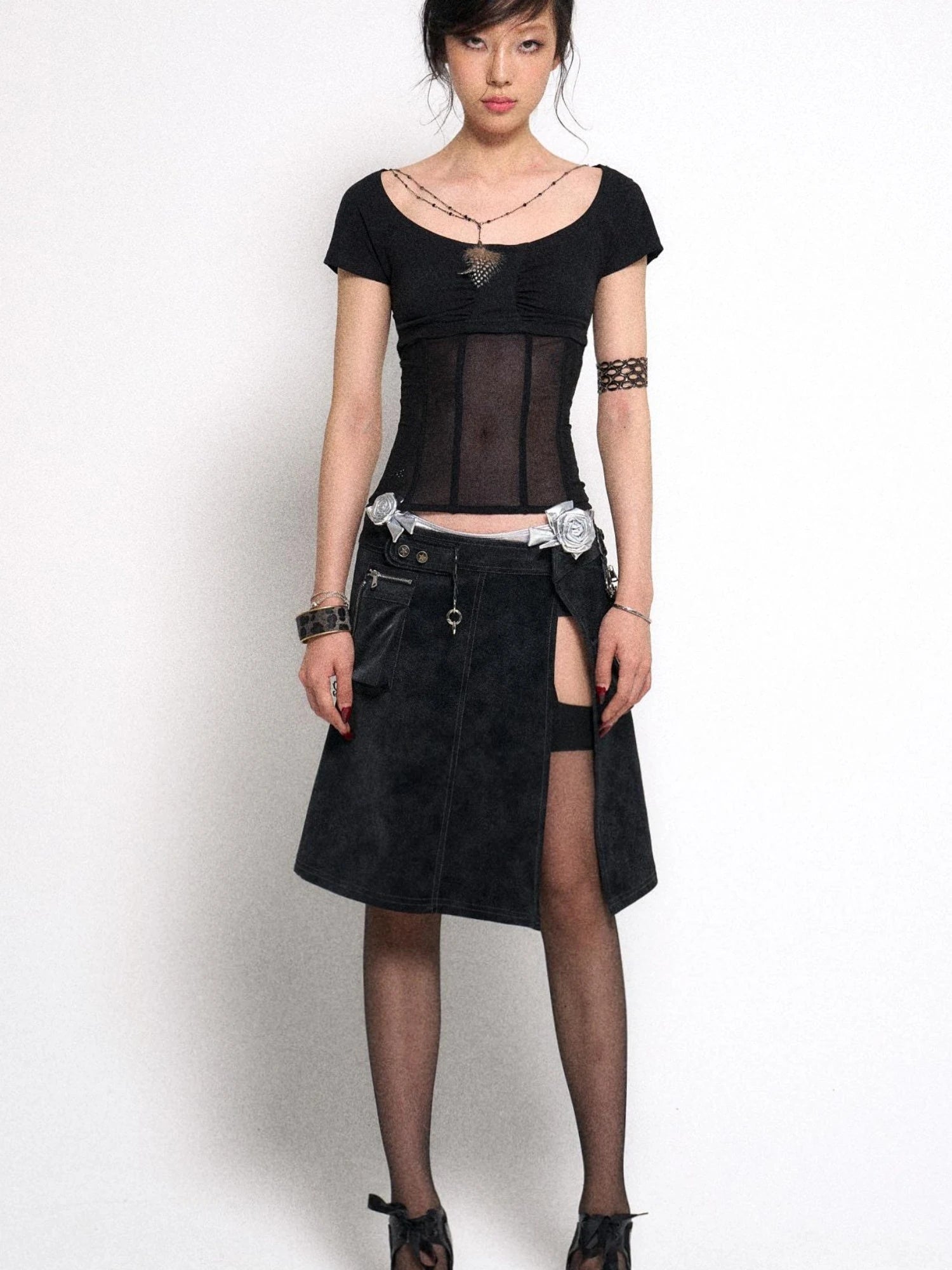 Mesh Stitching Knitted Waist Slim Fit T-Shirt