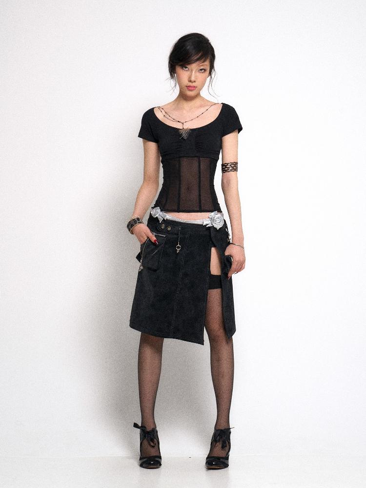 Flowers birds Market Mesh Stitching Knitted Waist Slim Fit T-Shirt