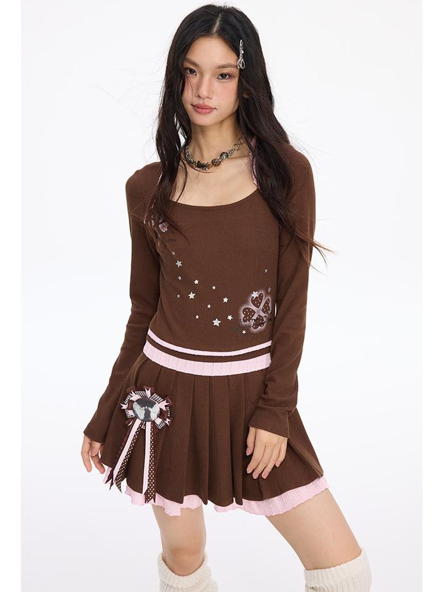 MOMSYCAN FOX LINE Micro Elastic A Line Swing Dress With 4 Leaf Clover Print