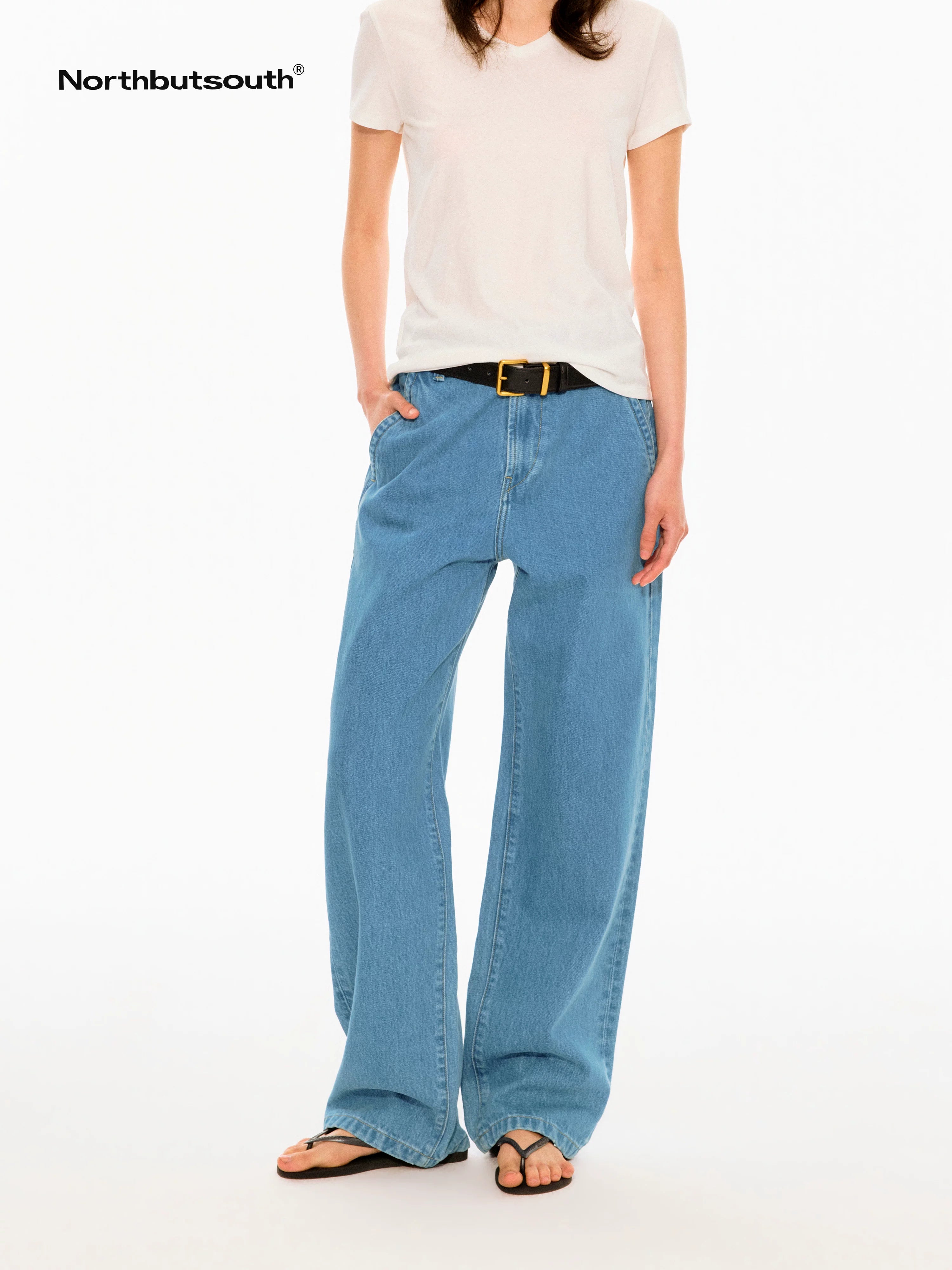 Mid Blue Slant Pocket Adjustable Back Paris Button Women&
