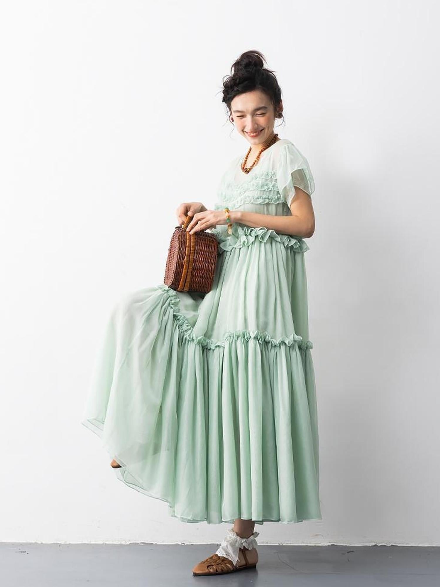 Sweet Mi Mint Chiffon Pleated Fairy Dress With Lace Details