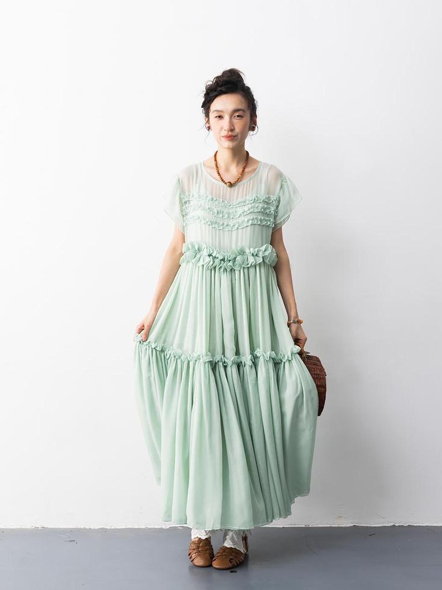 Sweet Mi Mint Chiffon Pleated Fairy Dress With Lace Details