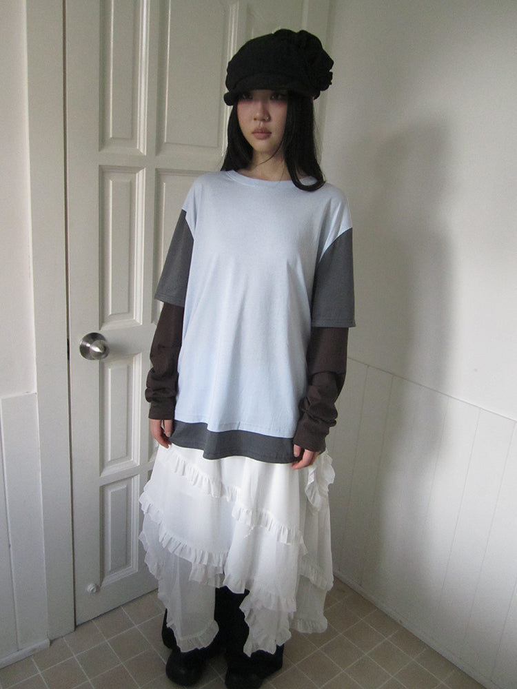 Updateang project Japanese Style Color Block Drop Shoulder Long Sleeve T-shirt
