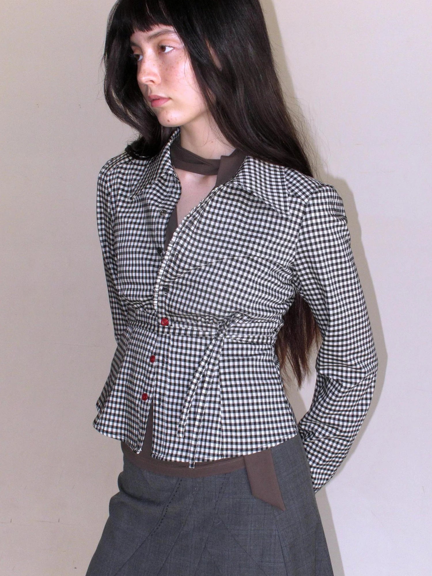 Mito de dar Acetate Checkered Button Up Tie Belt Shirt