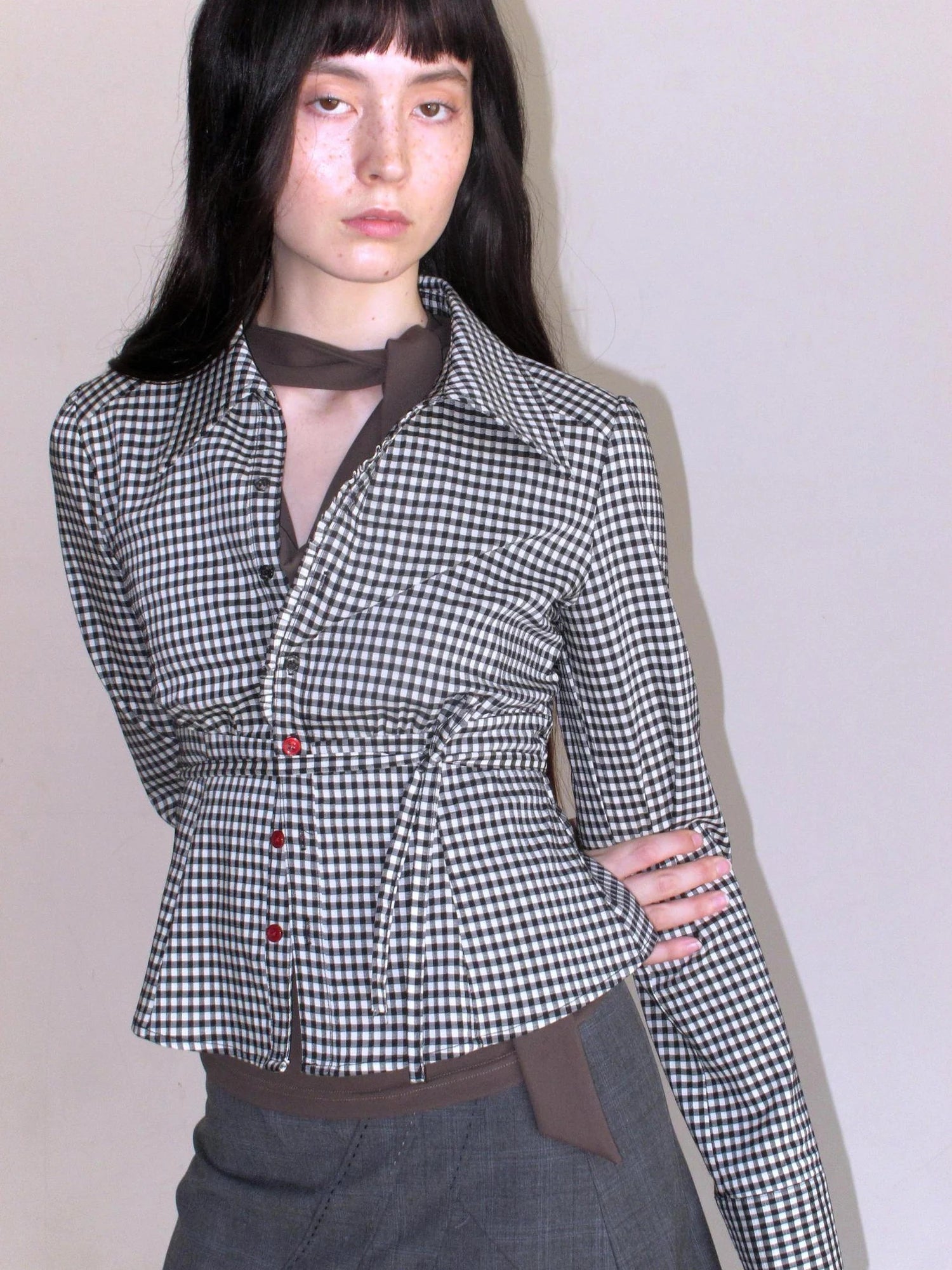 Mito de dar Acetate Checkered Button Up Tie Belt Shirt