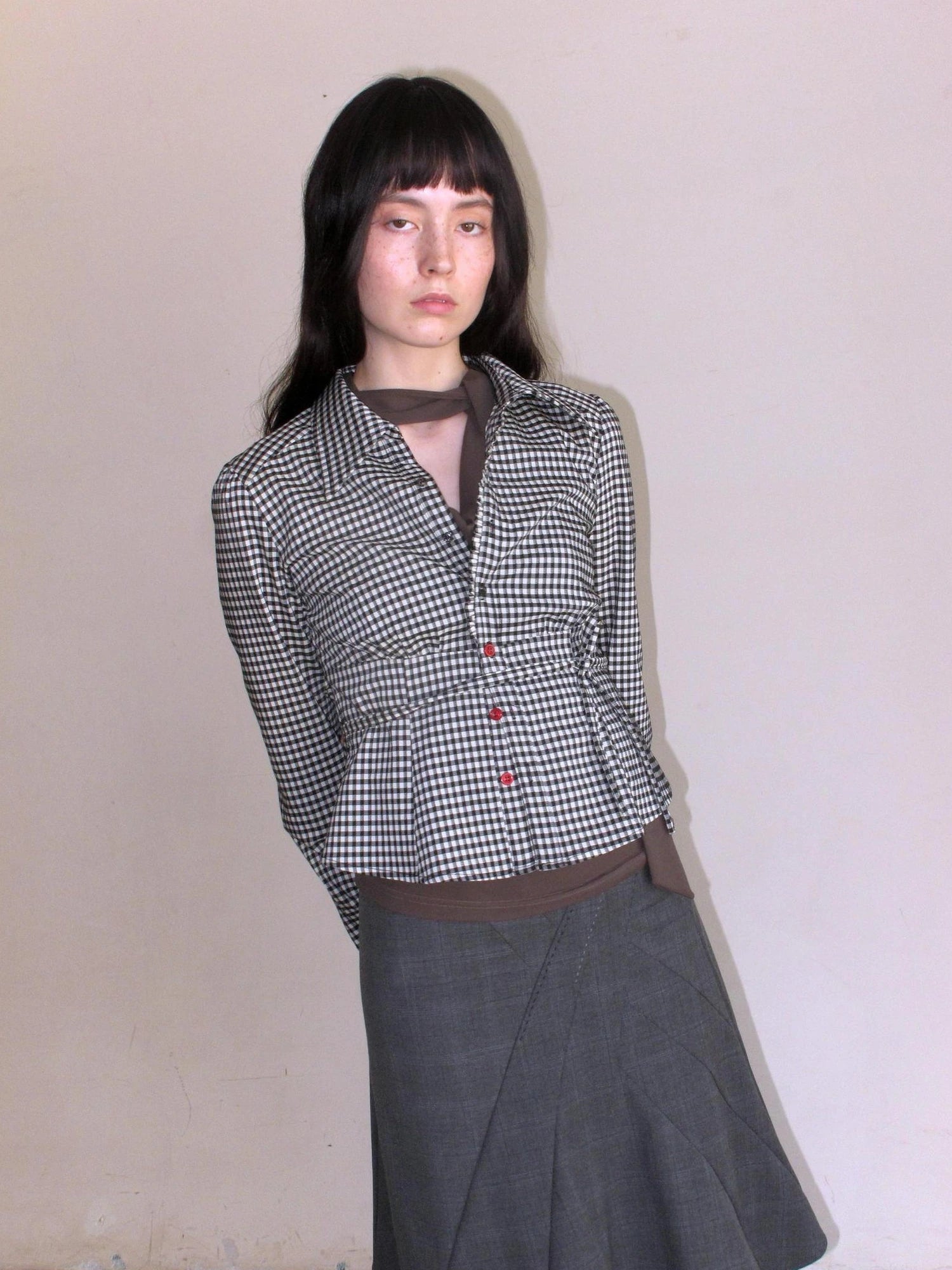 Mito de dar Acetate Checkered Button Up Tie Belt Shirt