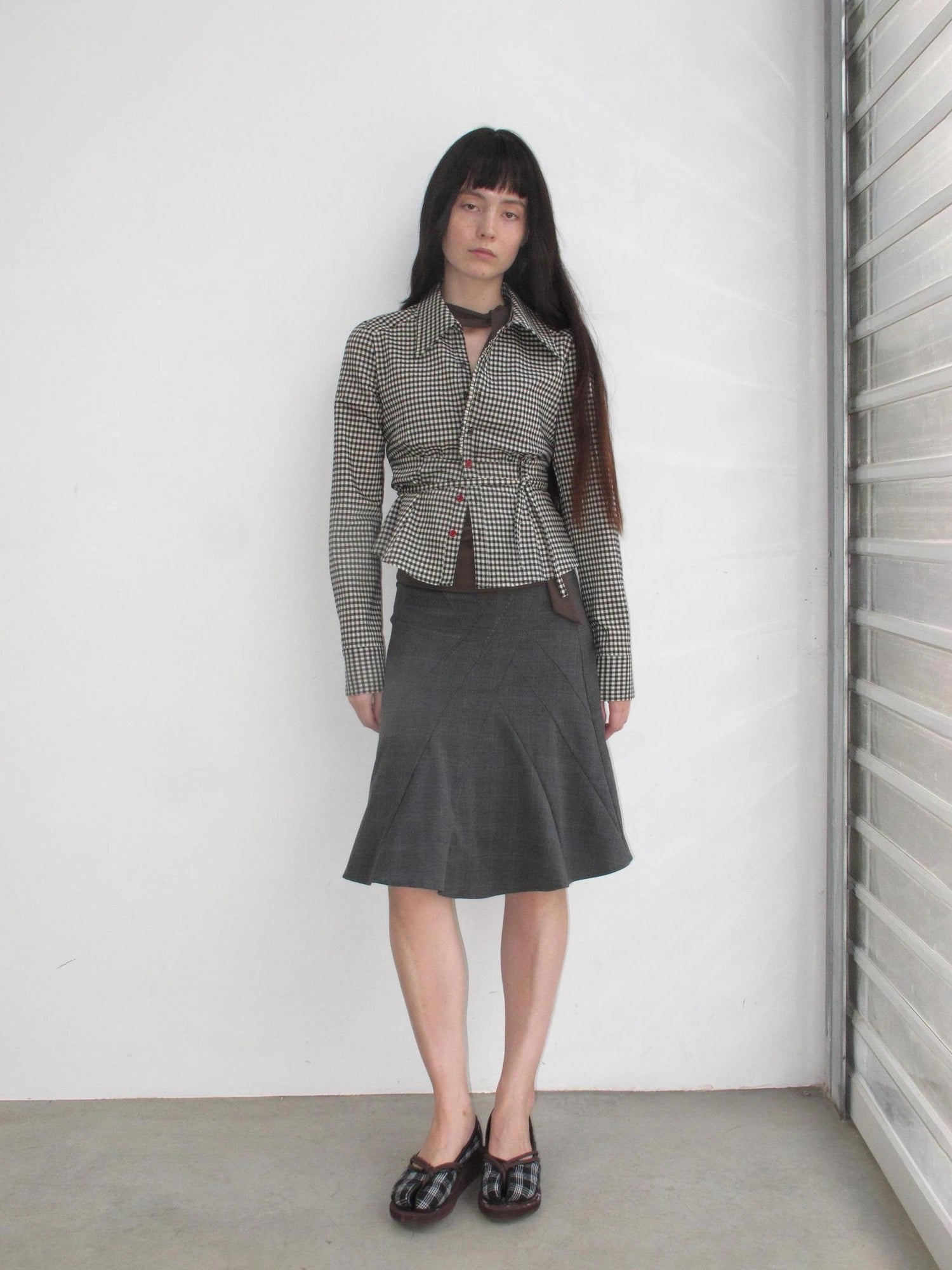 Mito de dar Acetate Checkered Button Up Tie Belt Shirt