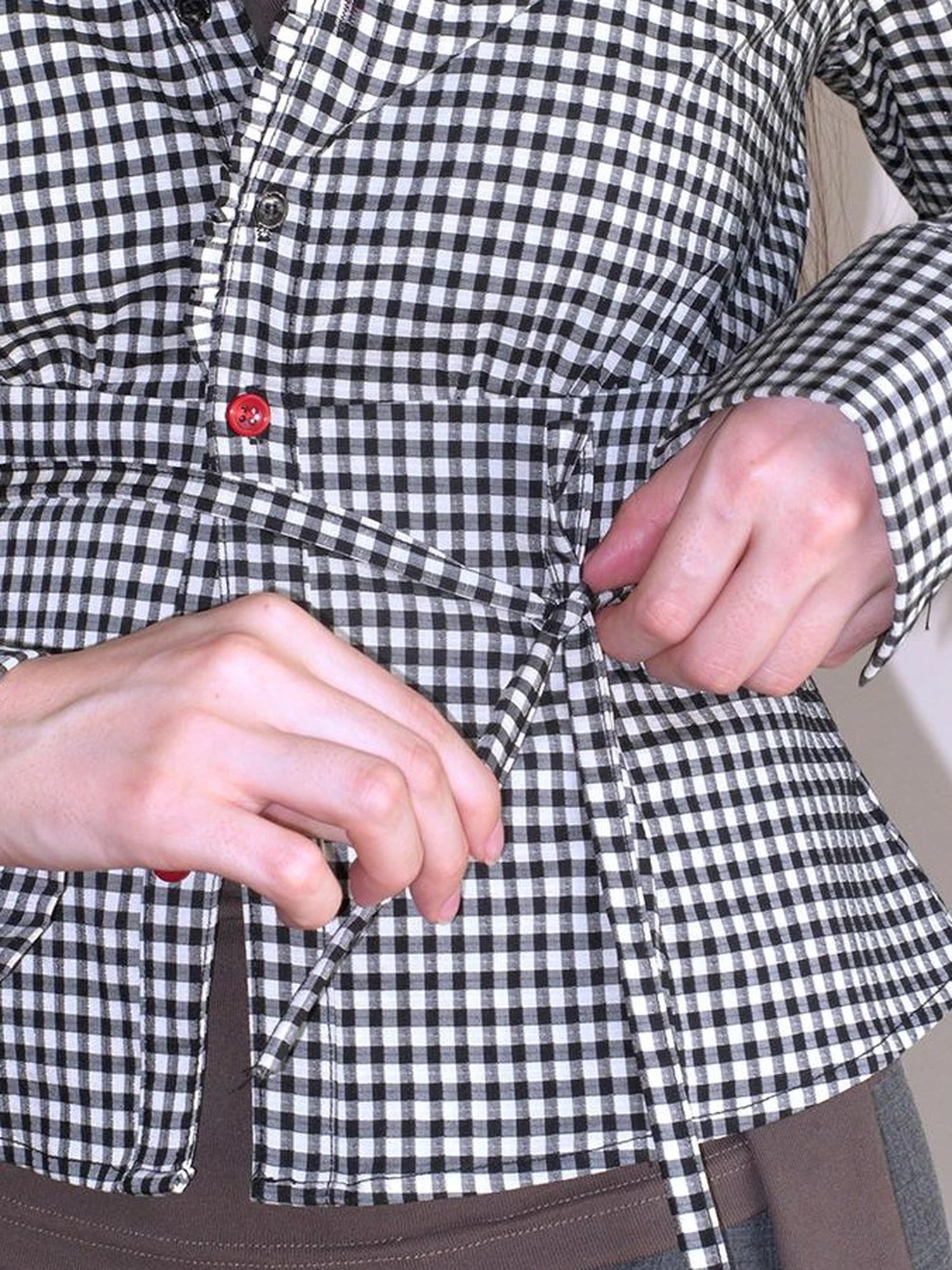 Mito de dar Acetate Checkered Button Up Tie Belt Shirt