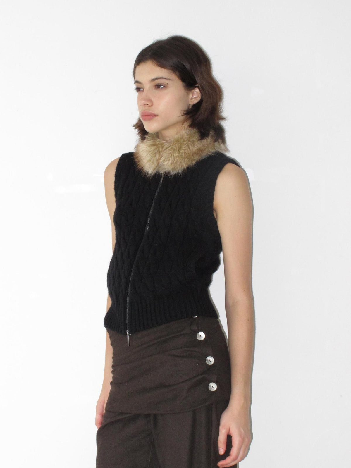 Mito de dar Cable Knit Spliced Zip Up Wool Blend Women&