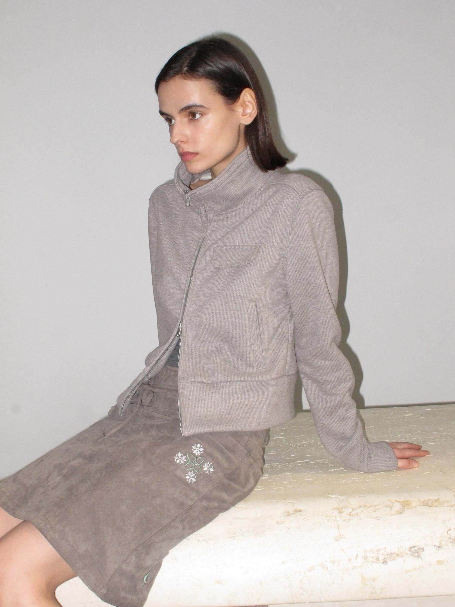 Mito de dar Cashmere Blend Slim Zip Stand Collar Casual Women Heather Gray Striped Jacket