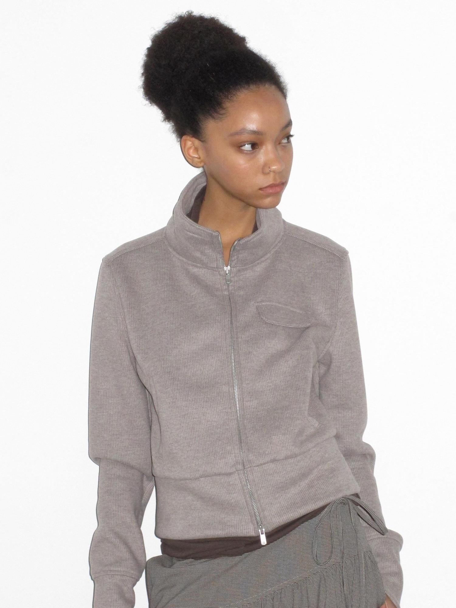 Mito de dar Cashmere Blend Slim Zip Stand Collar Casual Women Heather Gray Striped Jacket