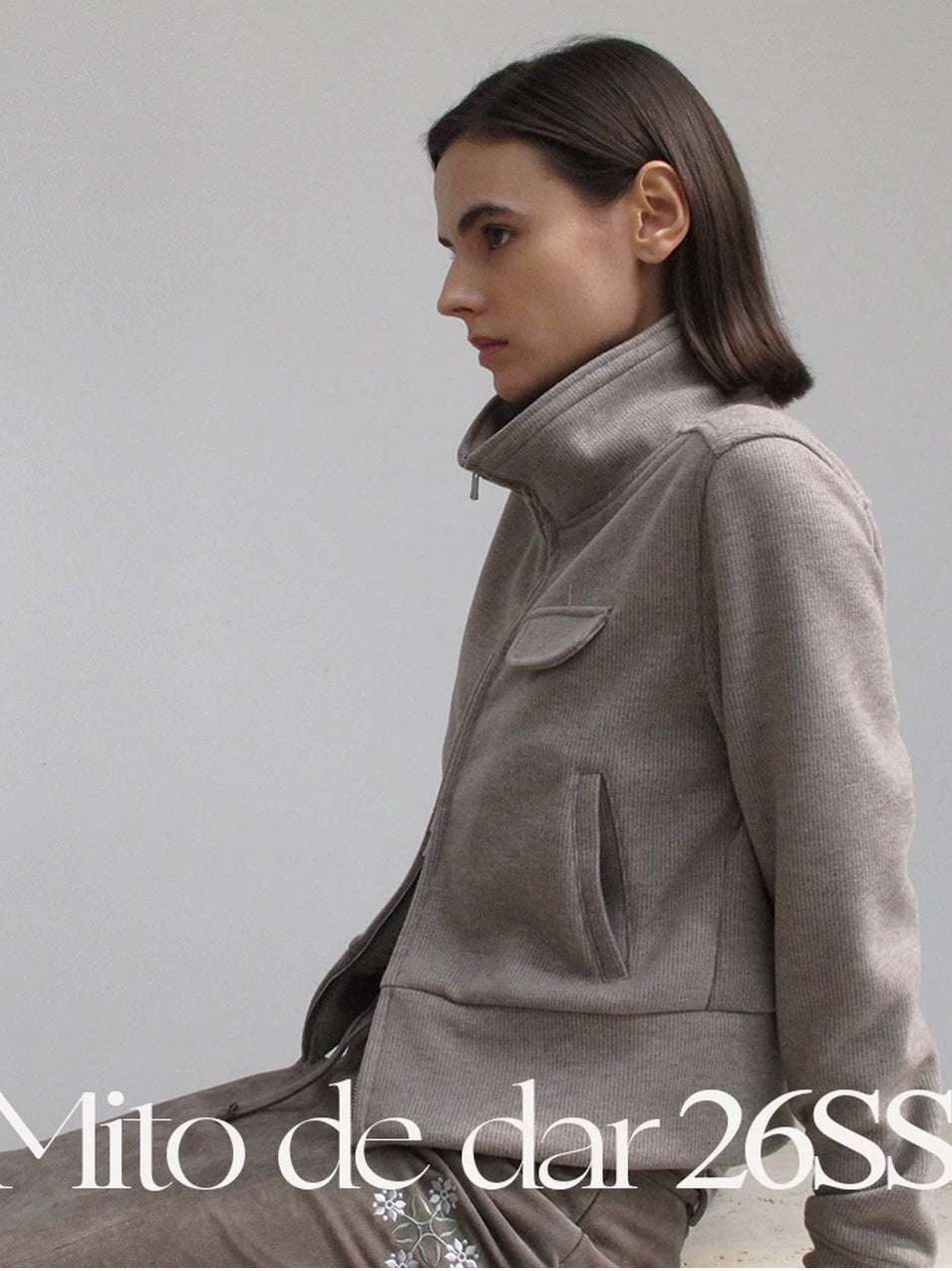 Mito de dar Cashmere Blend Slim Zip Stand Collar Casual Women Heather Gray Striped Jacket