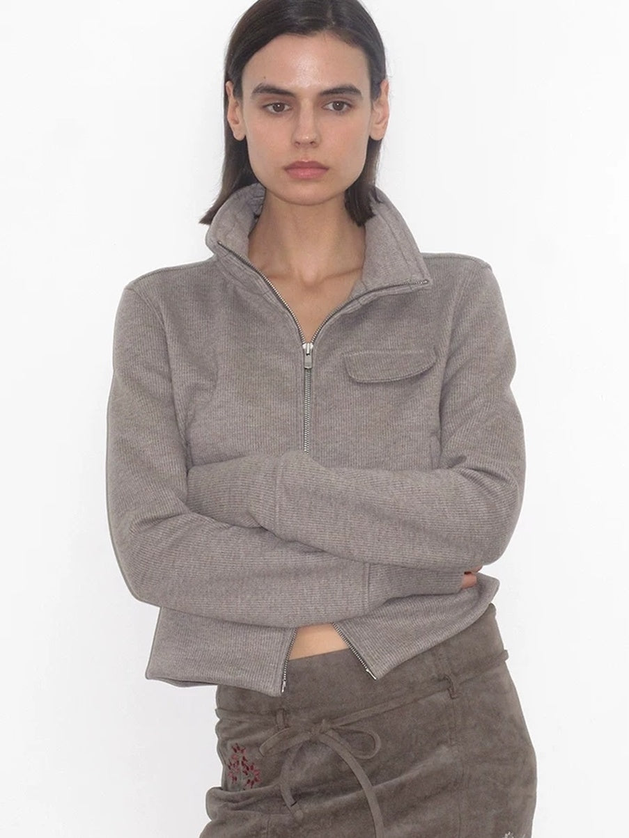 Mito de dar Cashmere Blend Slim Zip Stand Collar Casual Women Heather Gray Striped Jacket