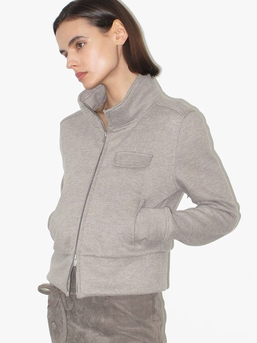 Mito de dar Cashmere Blend Slim Zip Stand Collar Casual Women Heather Gray Striped Jacket