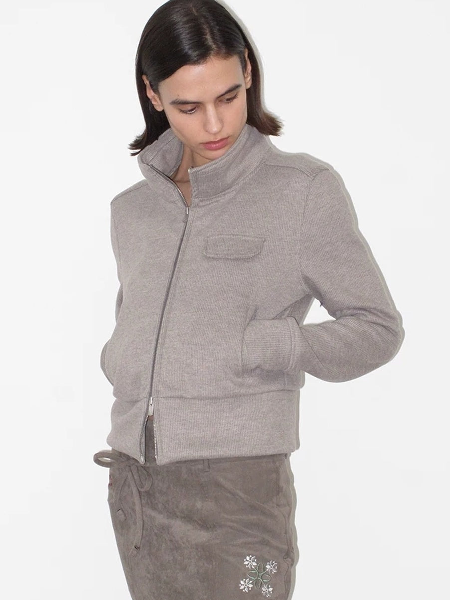 Mito de dar Cashmere Blend Slim Zip Stand Collar Casual Women Heather Gray Striped Jacket