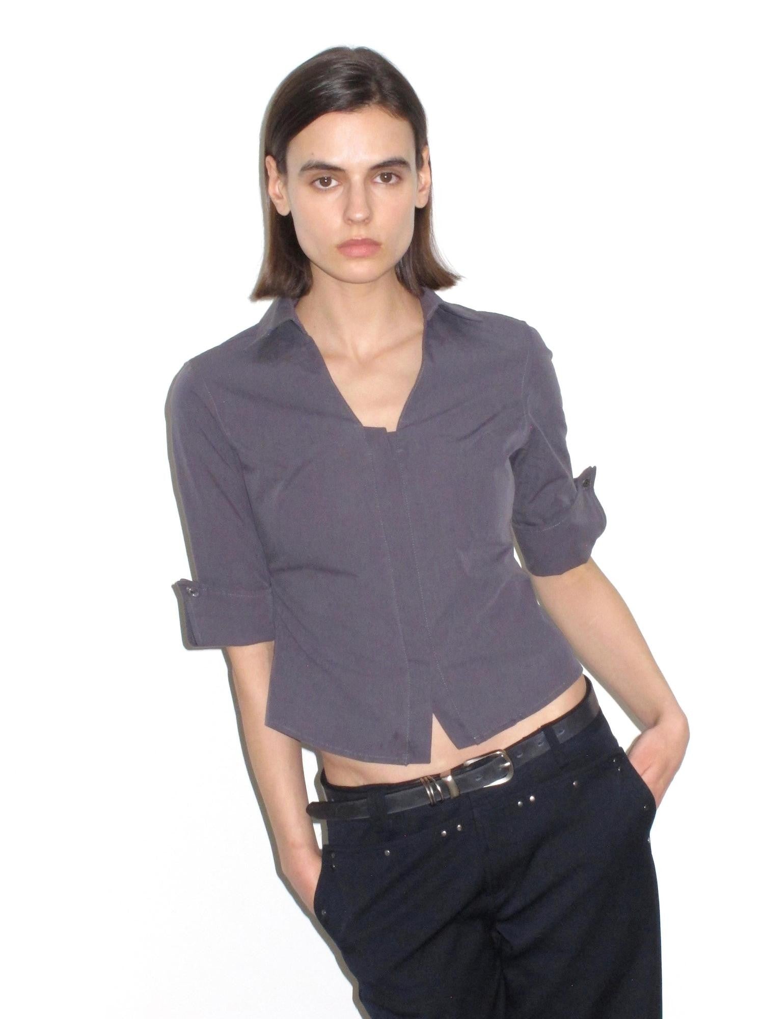 Mito de dar Grey Blue Hidden Placket V-neck Fitted Short Sleeve Women&