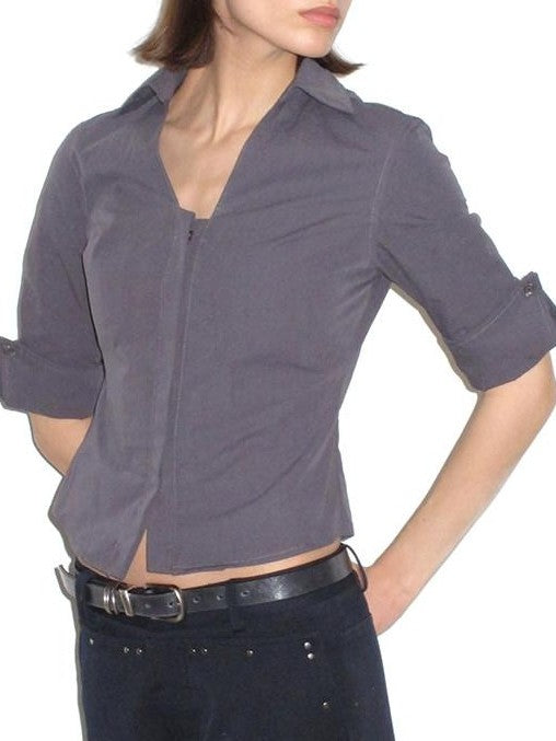 Mito de dar Grey Blue Hidden Placket V-neck Fitted Short Sleeve Women&